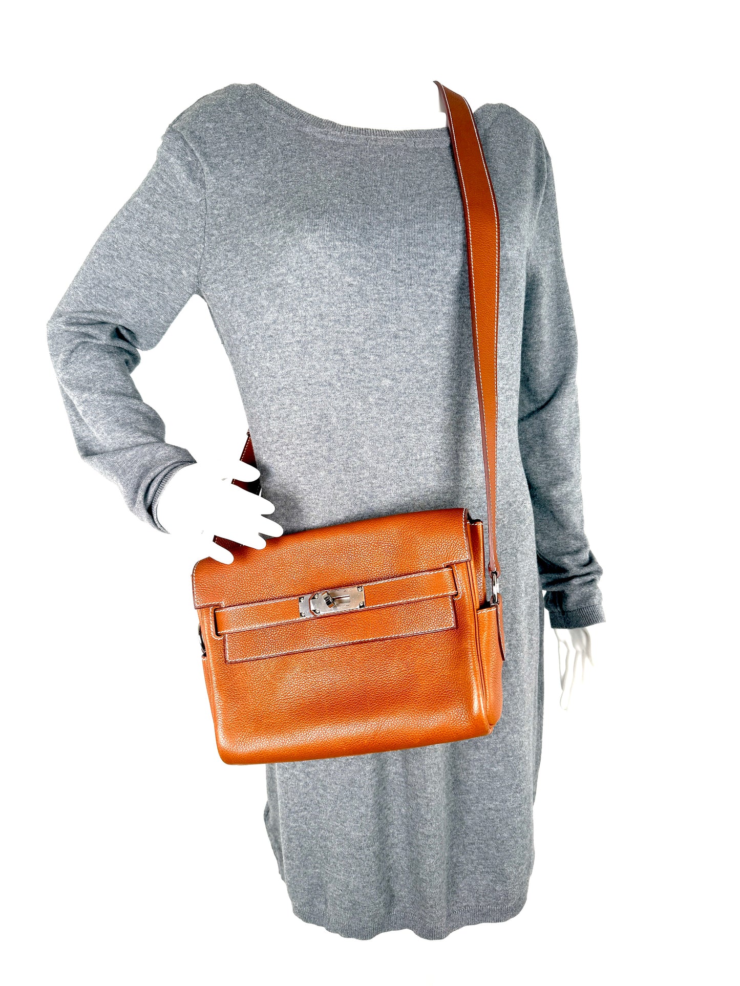 Hermes Kelly Messenger PM Barenia Faubourg 34 Fauve Leather Crossbody Shoulder Bag