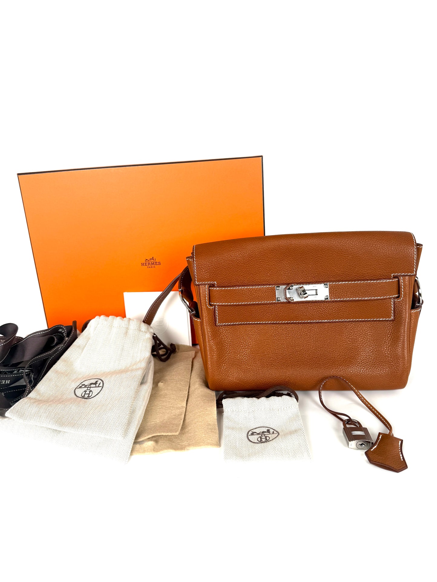 Hermes Kelly Messenger PM Barenia Faubourg 34 Fauve Leather Crossbody Shoulder Bag