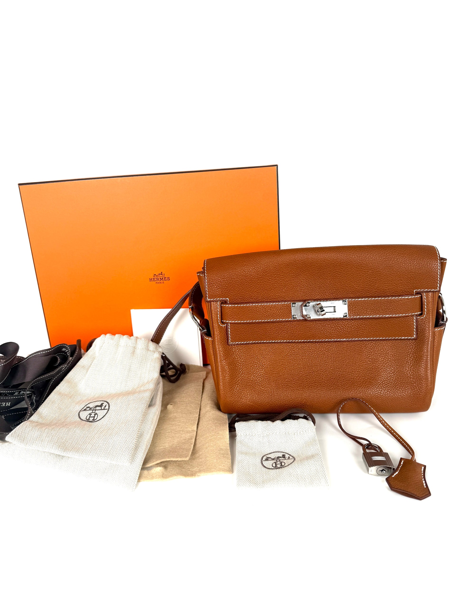 Hermes Kelly Messenger PM Barenia Faubourg 34 Fauve Leather Crossbody Shoulder Bag