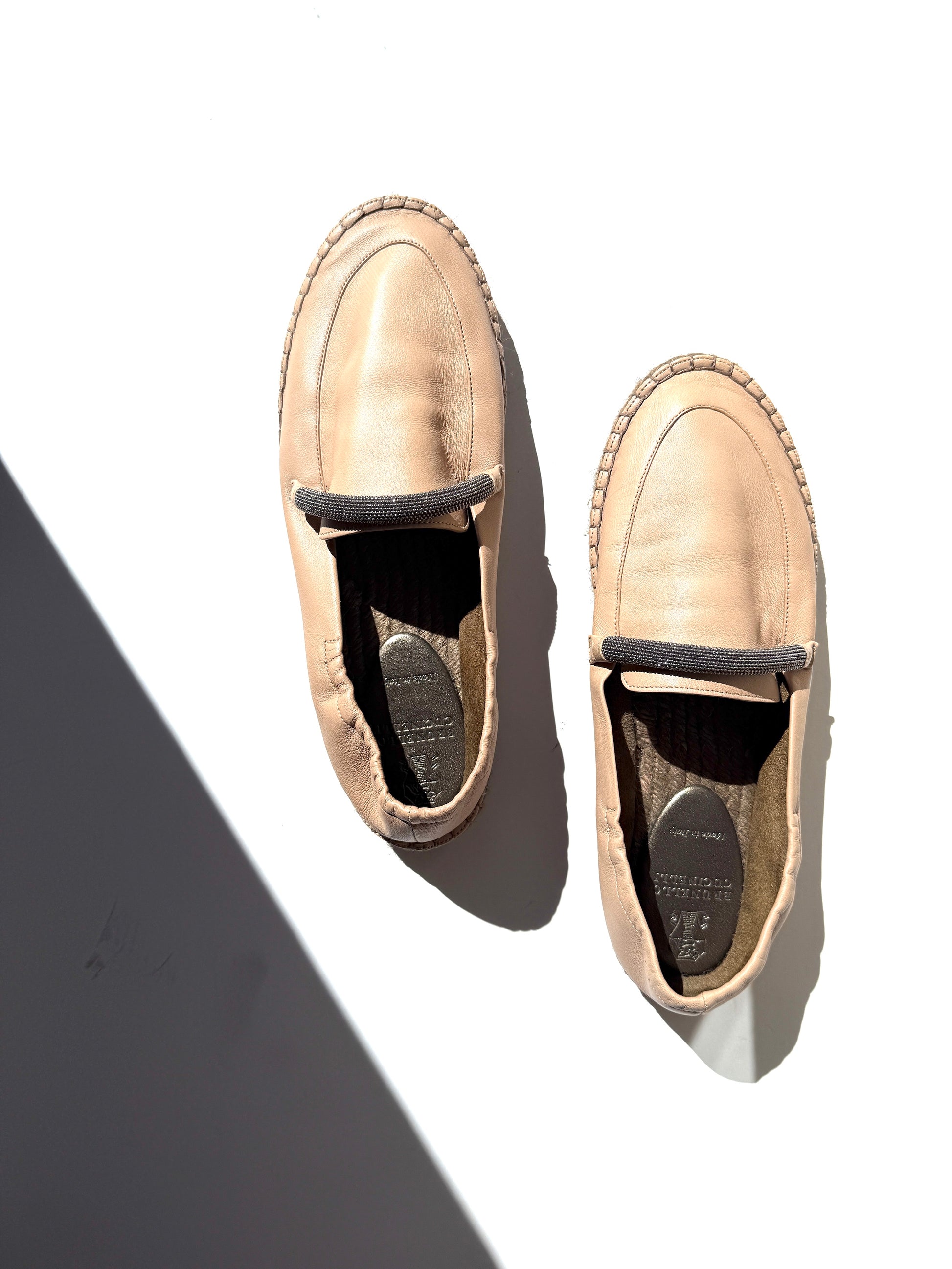 Brunello Cucinelli Light Beige Monili Leather Flat Espadrilles 38.5 8.5