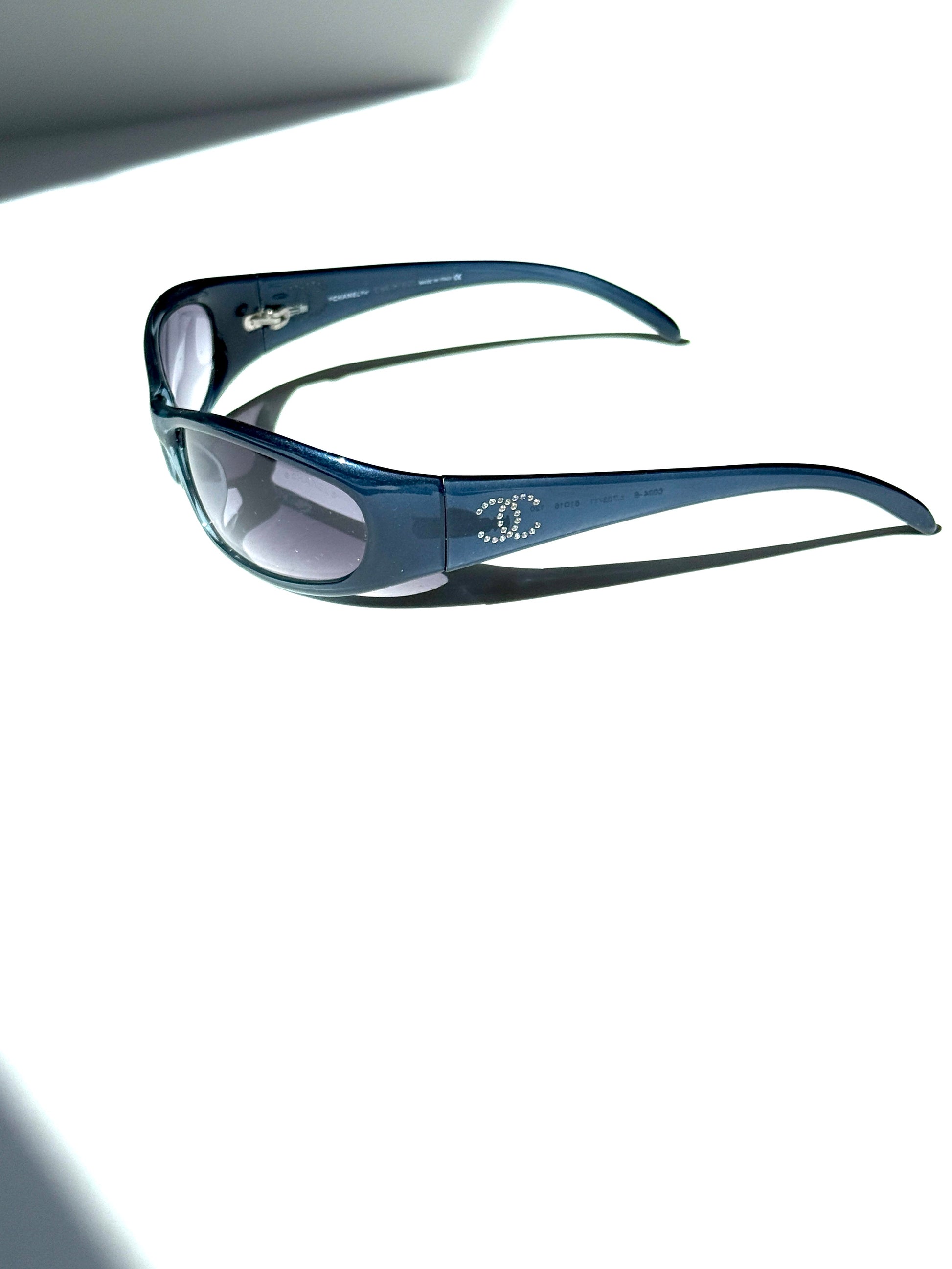 CHANEL 6004 Blue Acetate Wrap Around CC Crystal Sunglasses 