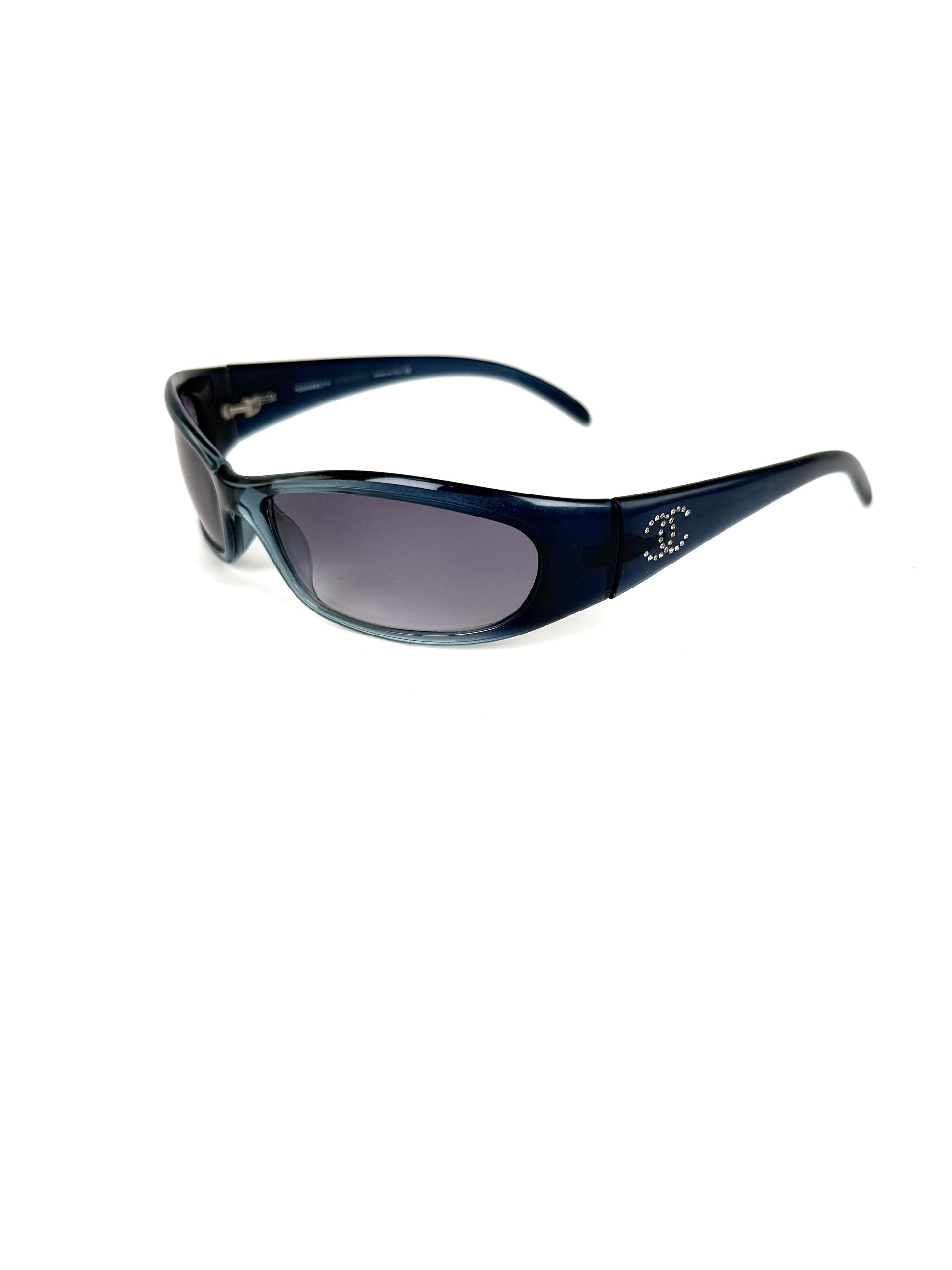 CHANEL 6004 Blue Acetate Wrap Around CC Crystal Sunglasses 