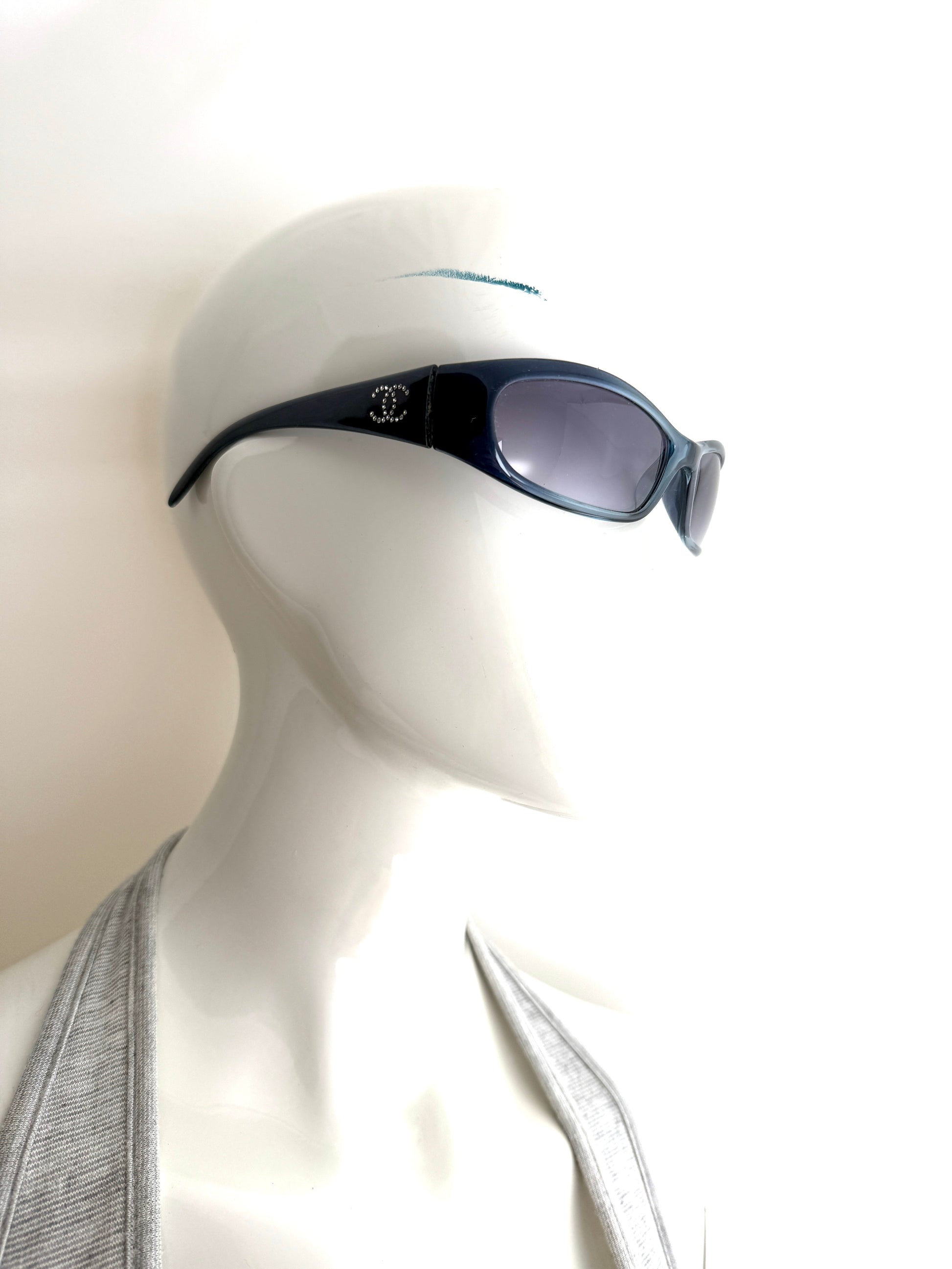 CHANEL 6004 Blue Acetate Wrap Around CC Crystal Sunglasses 