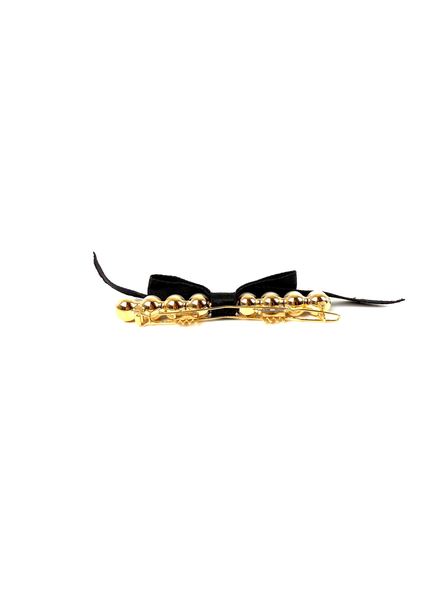 CHANEL Black Faux Pearl Bow CC Logo 2025 Gold hardware Hair Barrette Clip 