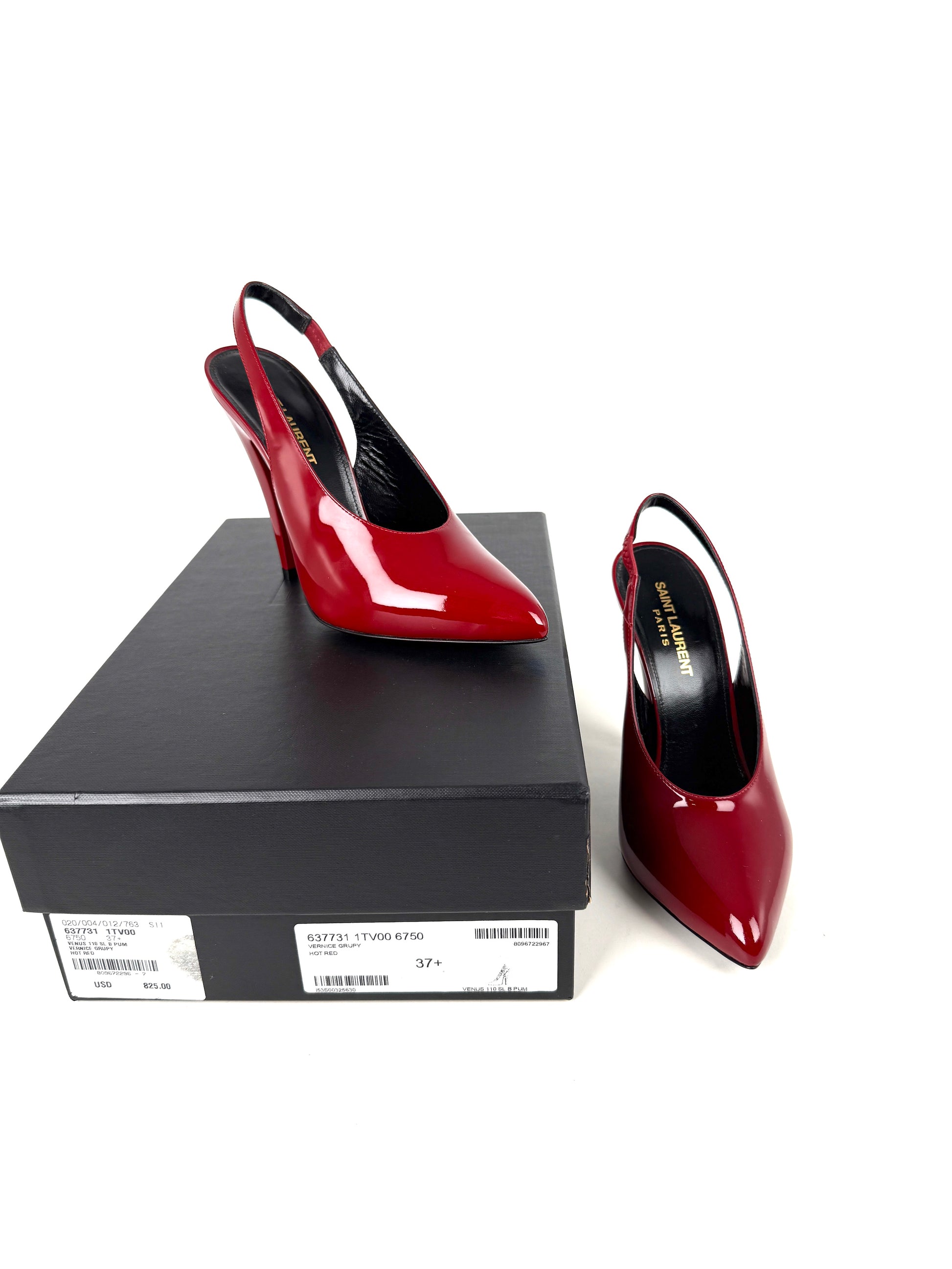 Saint Laurent YSL Venus Hot Red Patent Leather Slingback Pumps Heels 37.5, 7 New