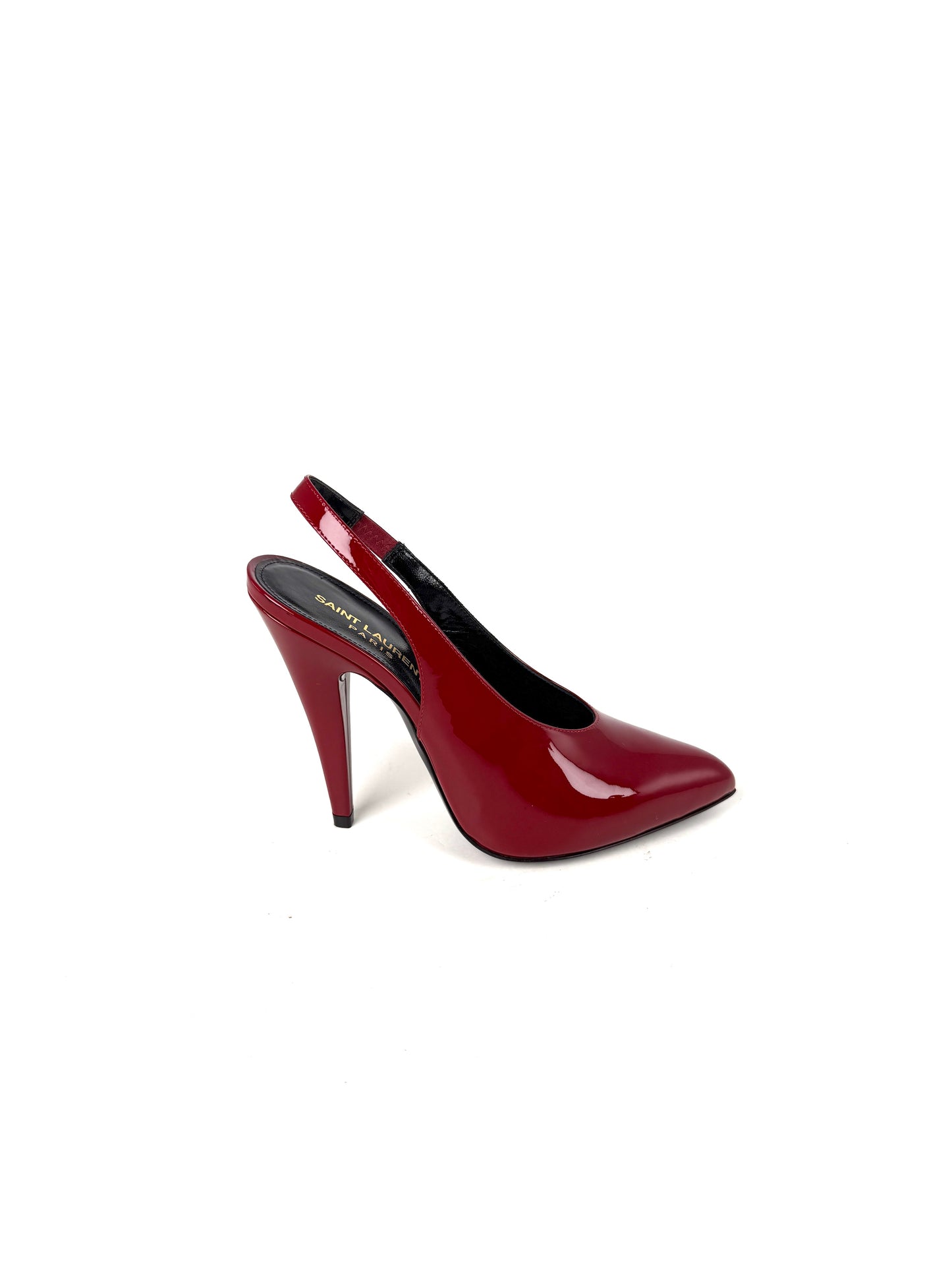 Saint Laurent YSL Venus Hot Red Patent Leather Slingback Pumps Heels 37.5, 7 New