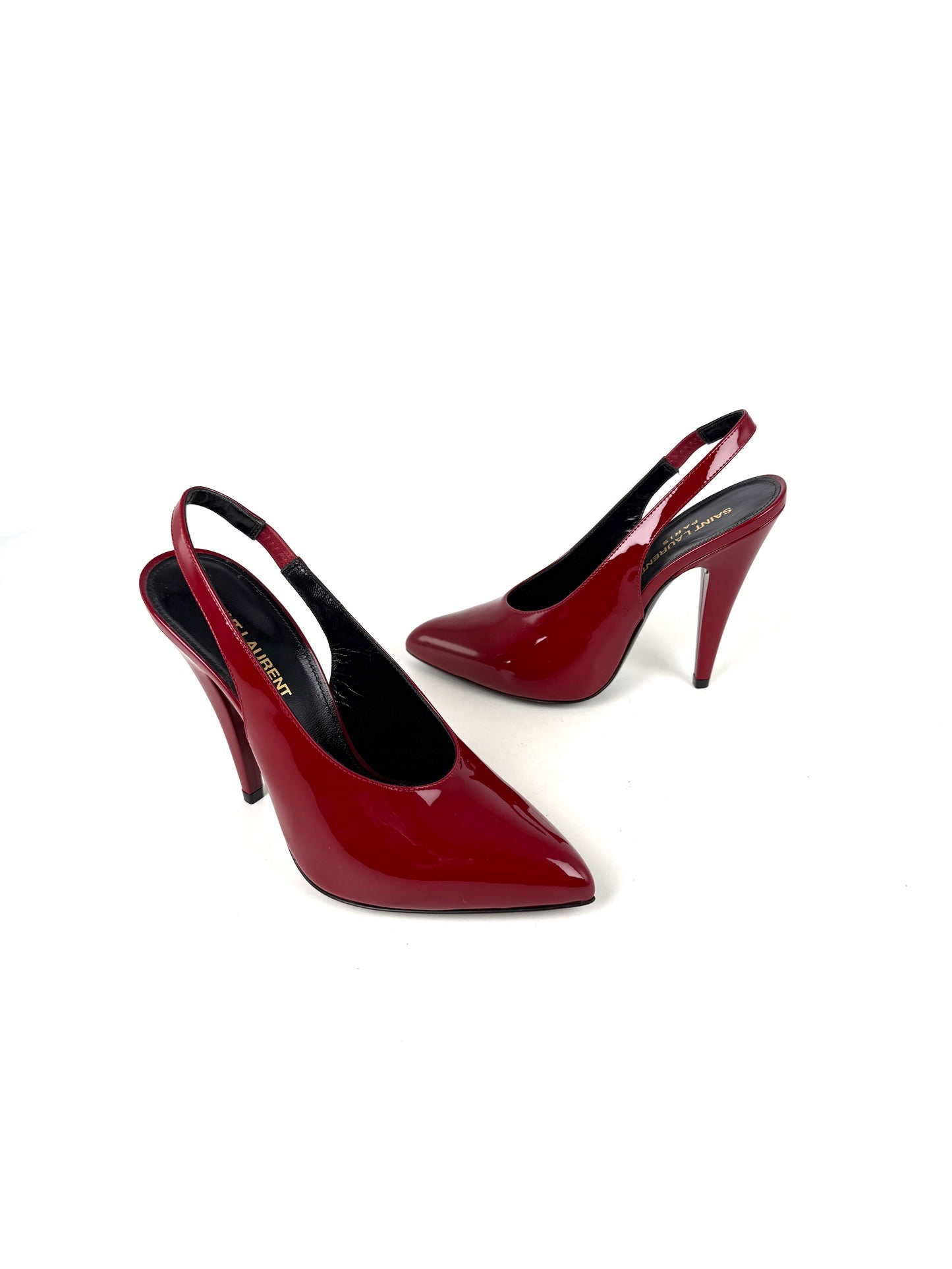 Saint Laurent YSL Venus Hot Red Patent Leather Slingback Pumps Heels 37.5, 7 New