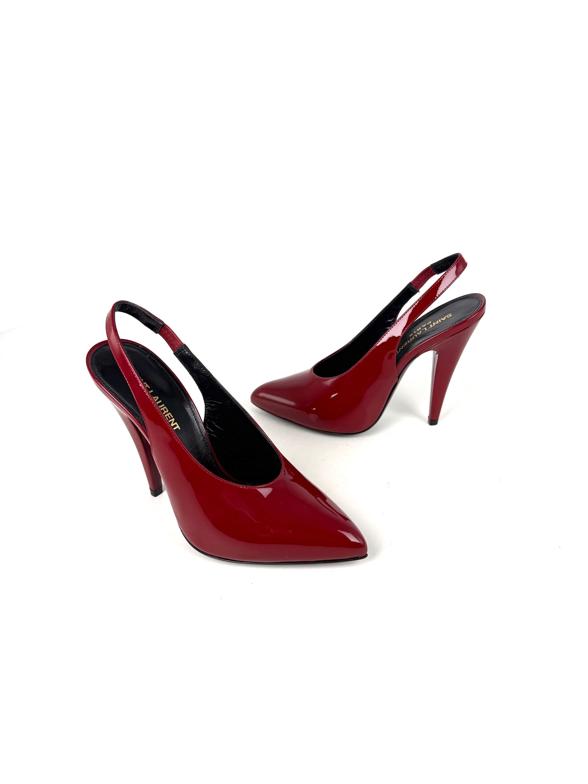 Saint Laurent YSL Venus Hot Red Patent Leather Slingback Pumps Heels 37.5, 7 New