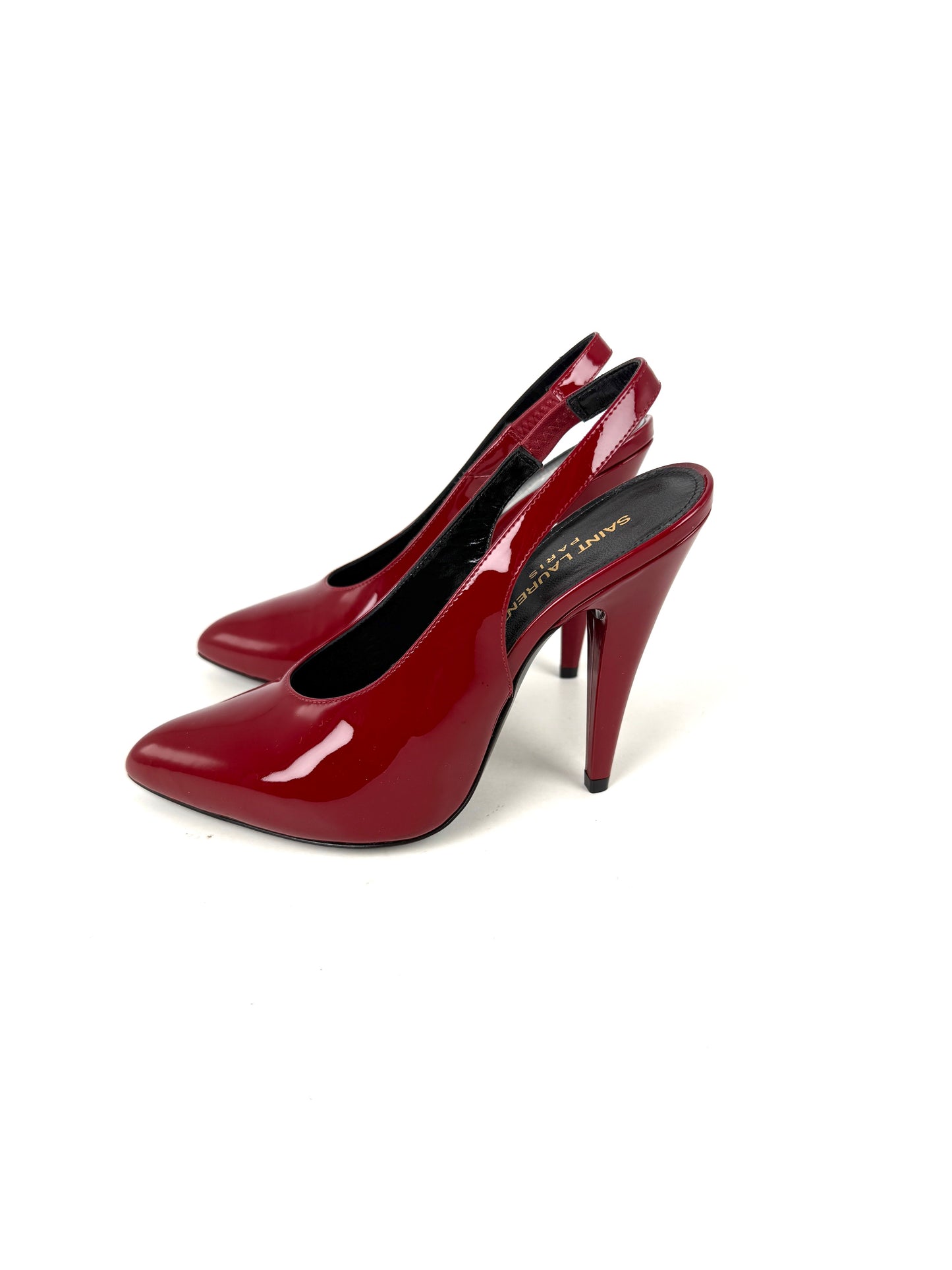 Saint Laurent YSL Venus Hot Red Patent Leather Slingback Pumps Heels 37.5, 7 New