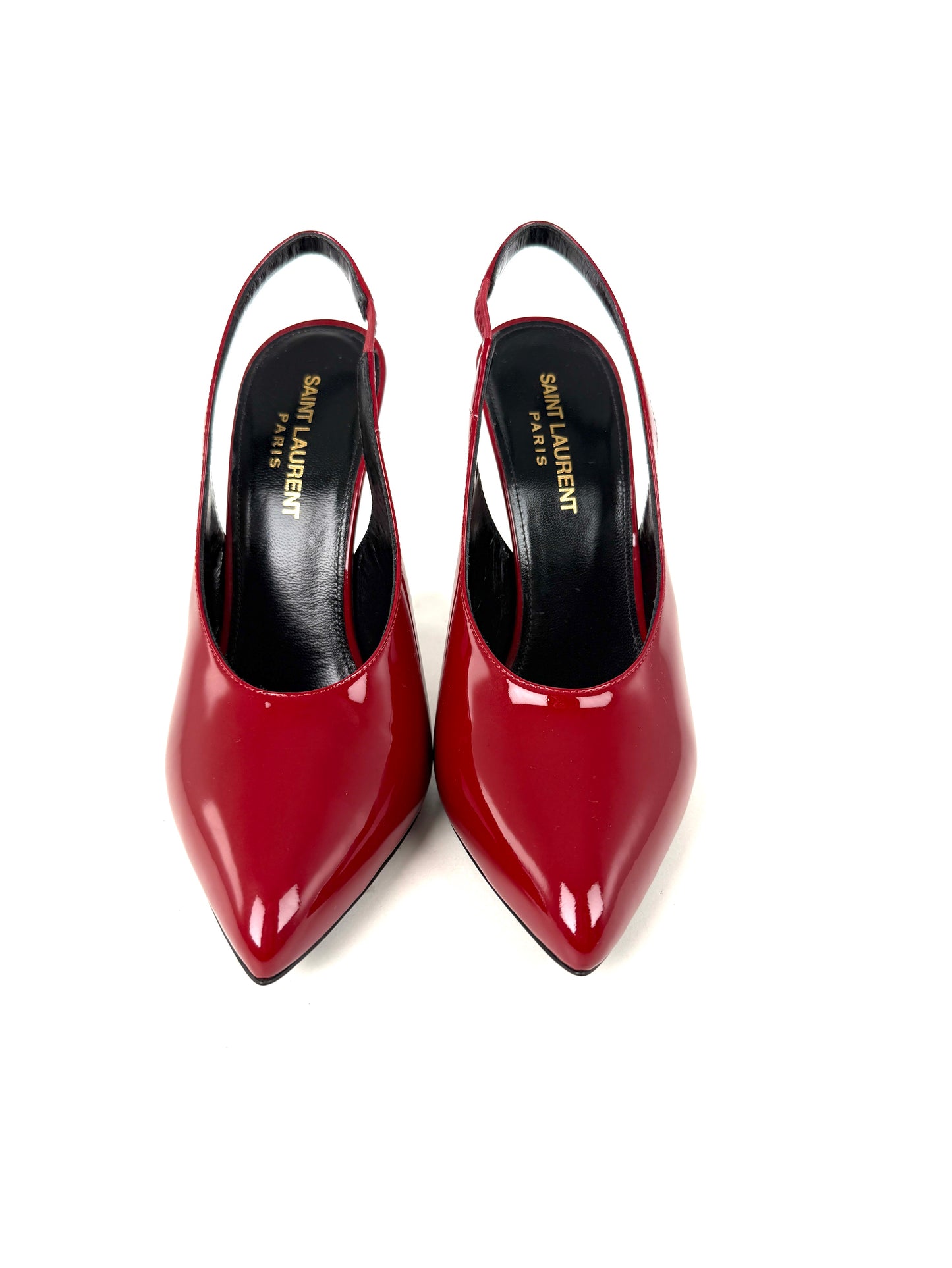 Saint Laurent YSL Venus Hot Red Patent Leather Slingback Pumps Heels 37.5, 7 New