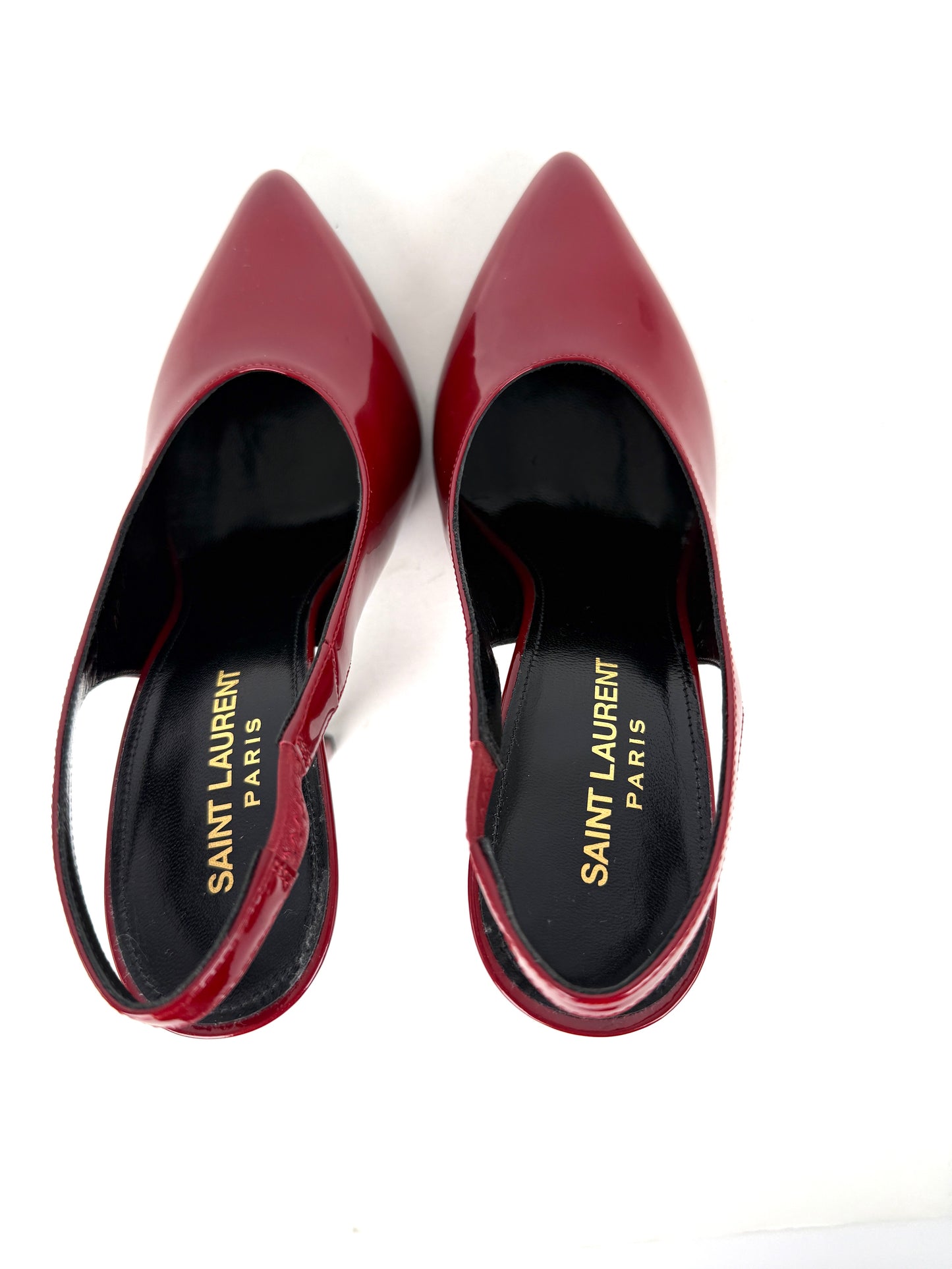 Saint Laurent YSL Venus Hot Red Patent Leather Slingback Pumps Heels 37.5, 7 New