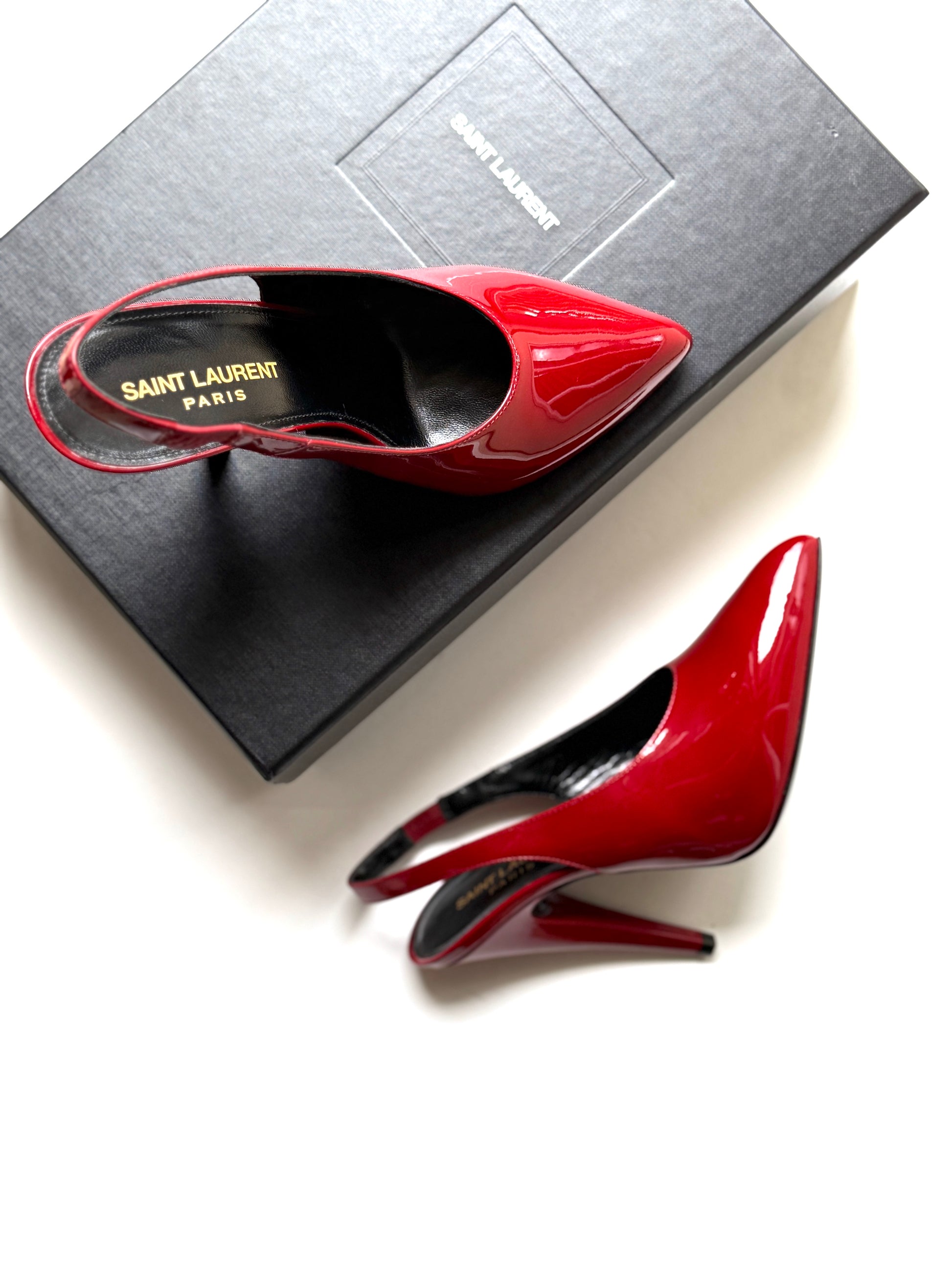 Saint Laurent YSL Venus Hot Red Patent Leather Slingback Pumps Heels 37.5, 7 New