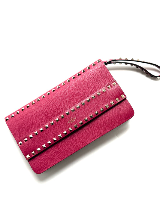 Valentino Garavani Rockstud Rose Violet Raspberry Pink Leather Clutch Bag New