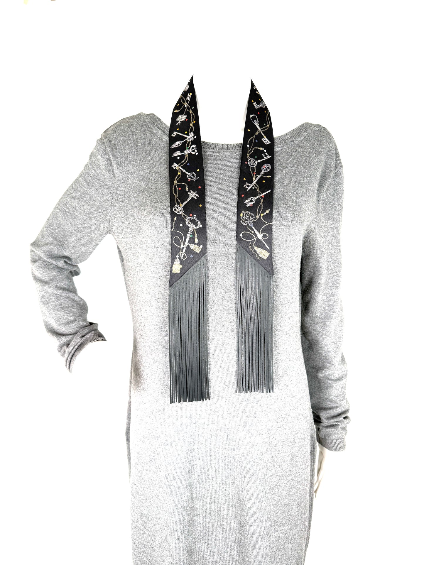 New HERMES Les Cles a Pois Black Mordore White Silk Calfskin Leather Fringes Twilly Scarf