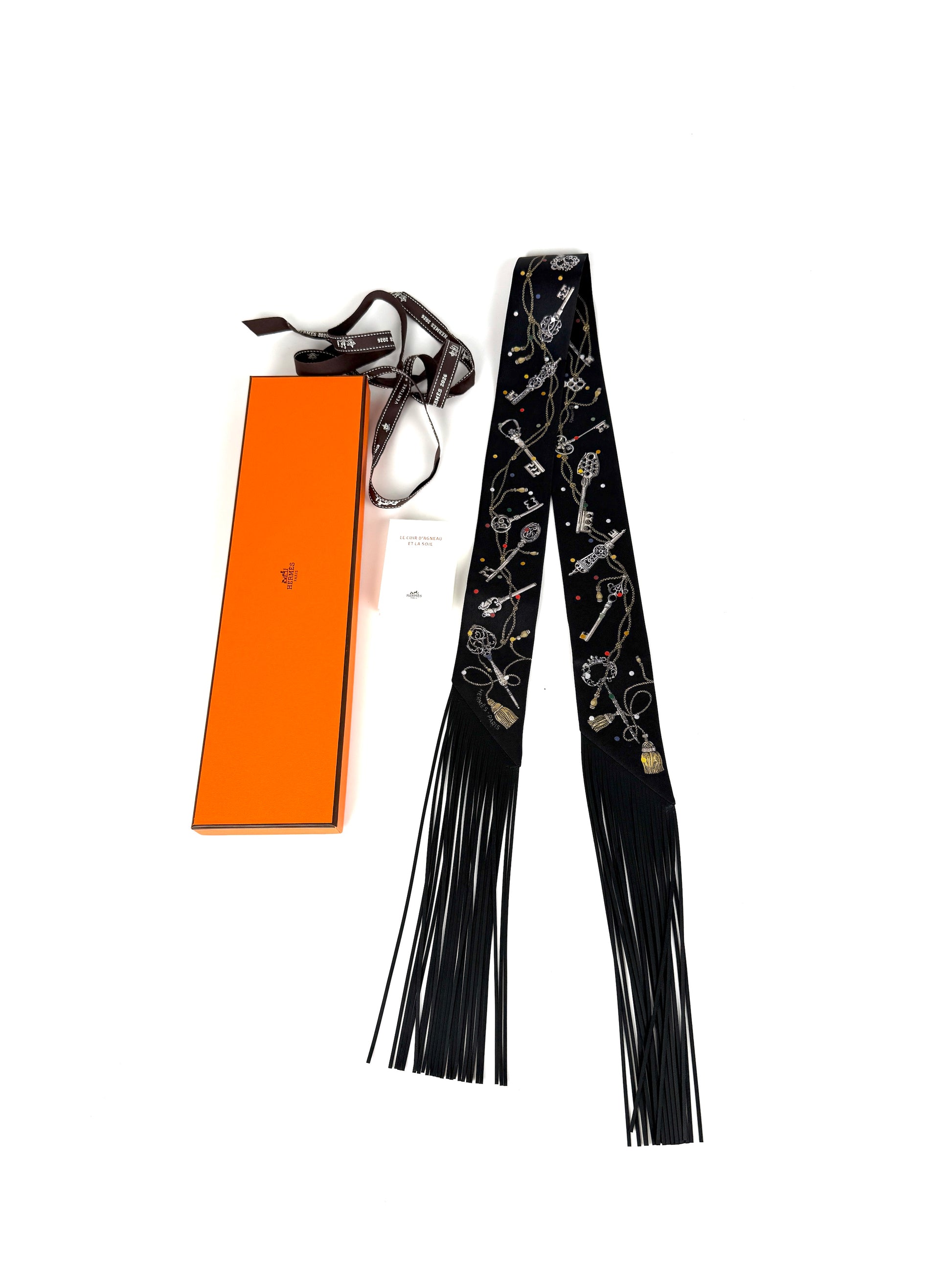 New HERMES Les Cles a Pois Black Mordore White Silk Calfskin Leather Fringes Twilly Scarf