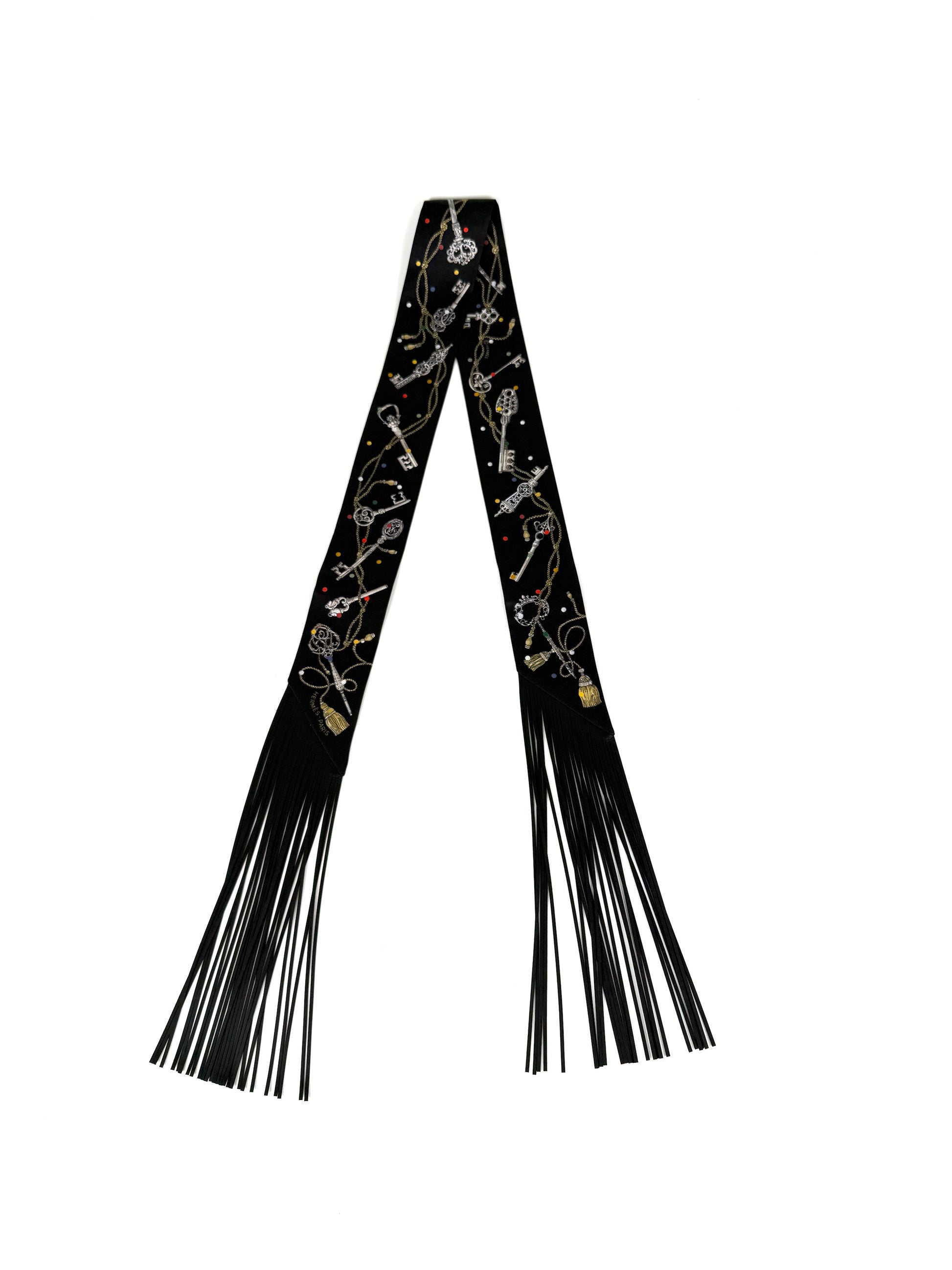 New HERMES Les Cles a Pois Black Mordore White Silk Calfskin Leather Fringes Twilly Scarf