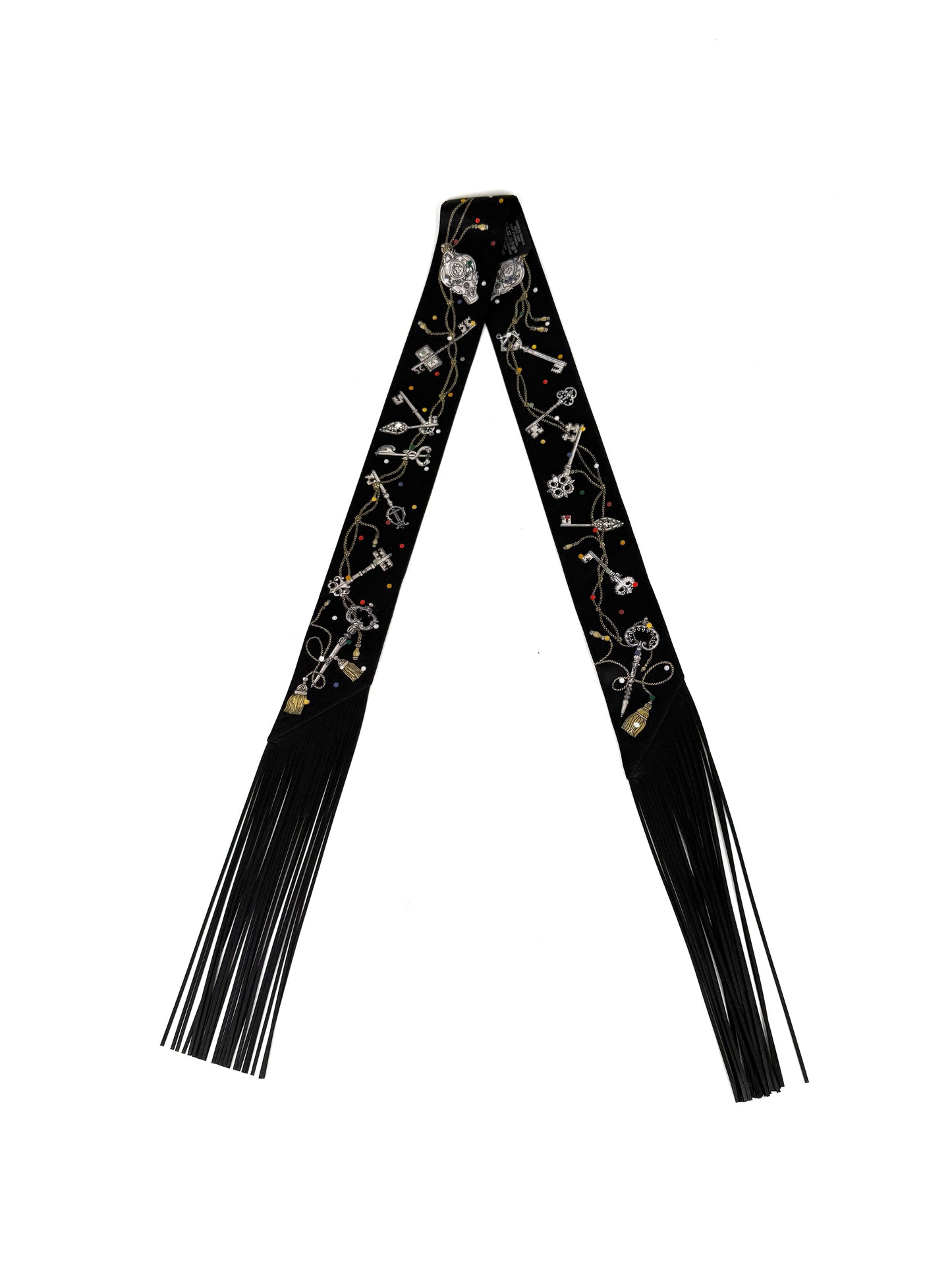 HERMES Les Cles a Pois Black Mordore White Silk Calfskin Leather Fringes Twilly Scarf New