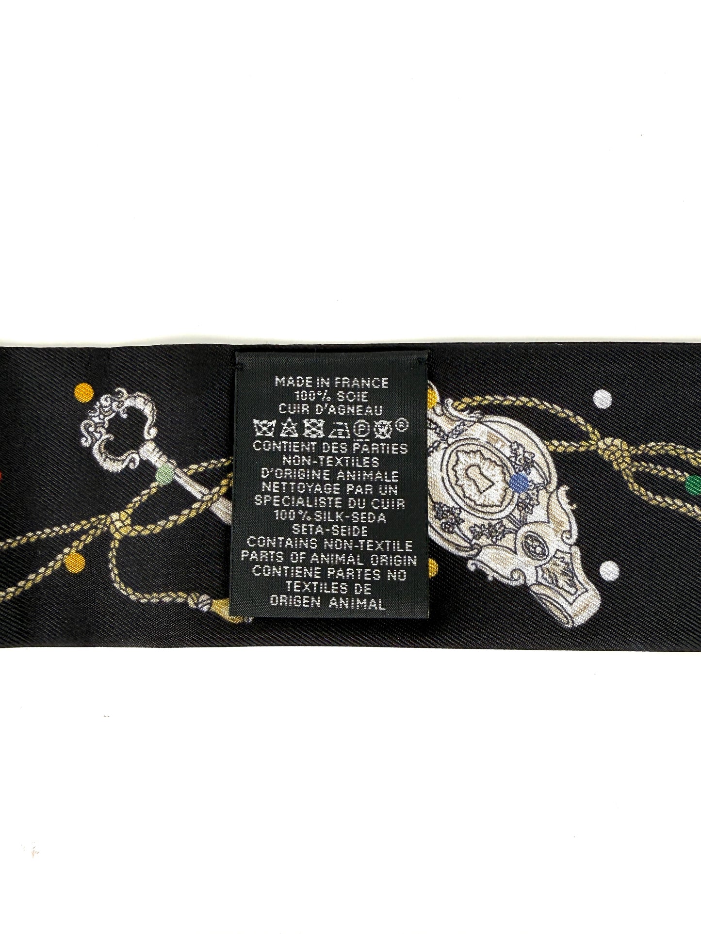 HERMES Les Cles a Pois Black Mordore White Silk Calfskin Leather Fringes Twilly Scarf New