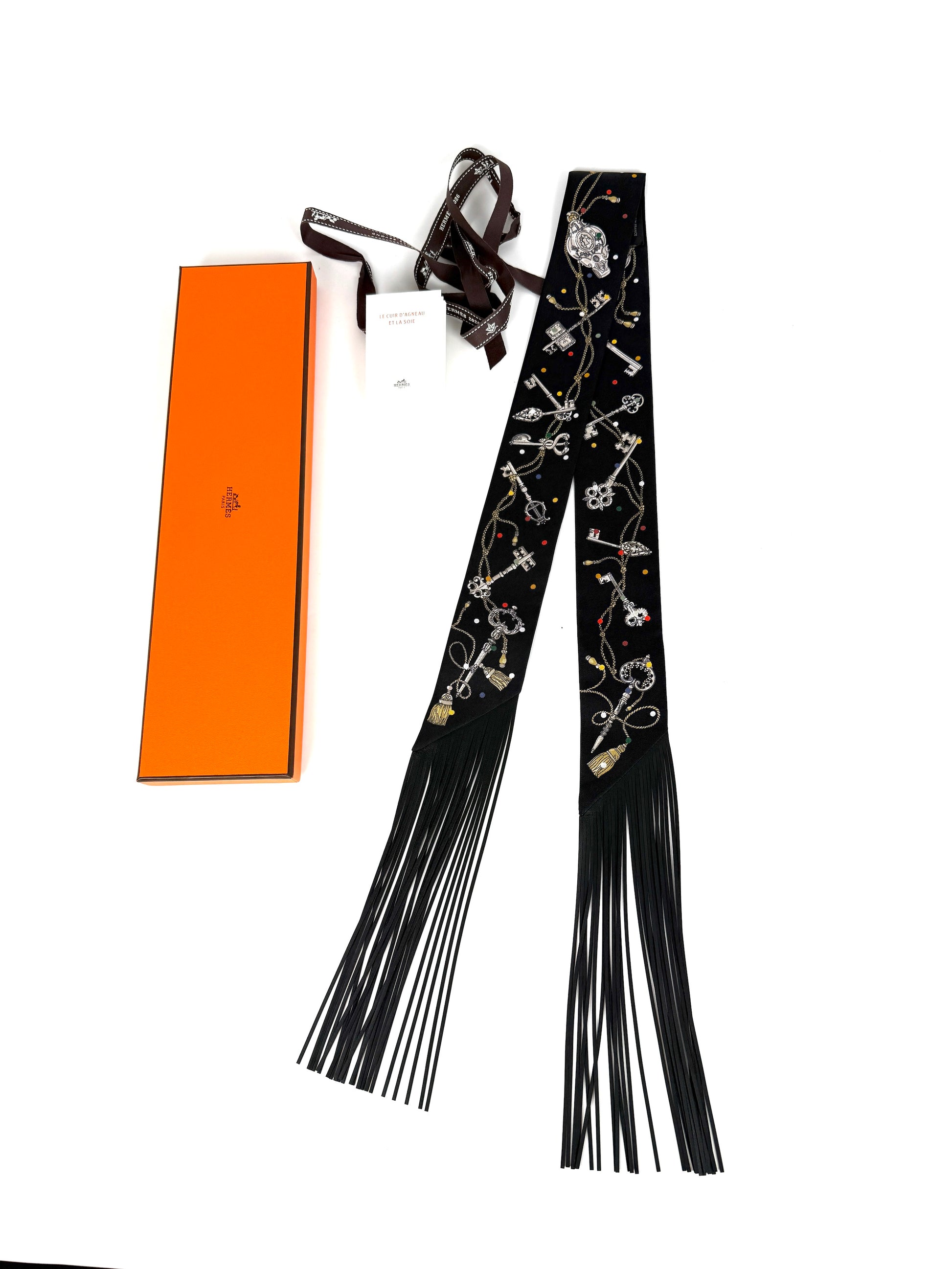 HERMES Les Cles a Pois Black Mordore White Silk Calfskin Leather Fringes Twilly Scarf New