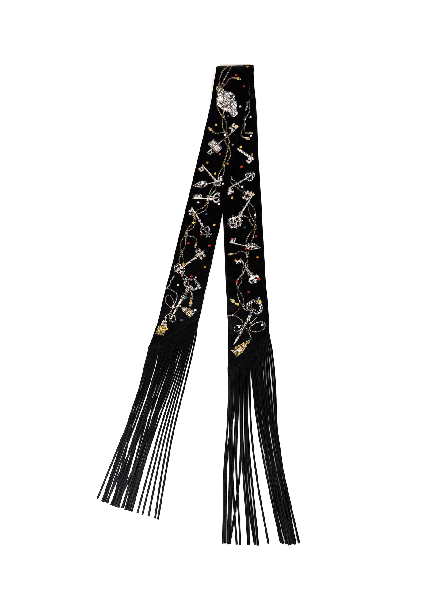 HERMES Les Cles a Pois Black Mordore White Silk Calfskin Leather Fringes Twilly Scarf New