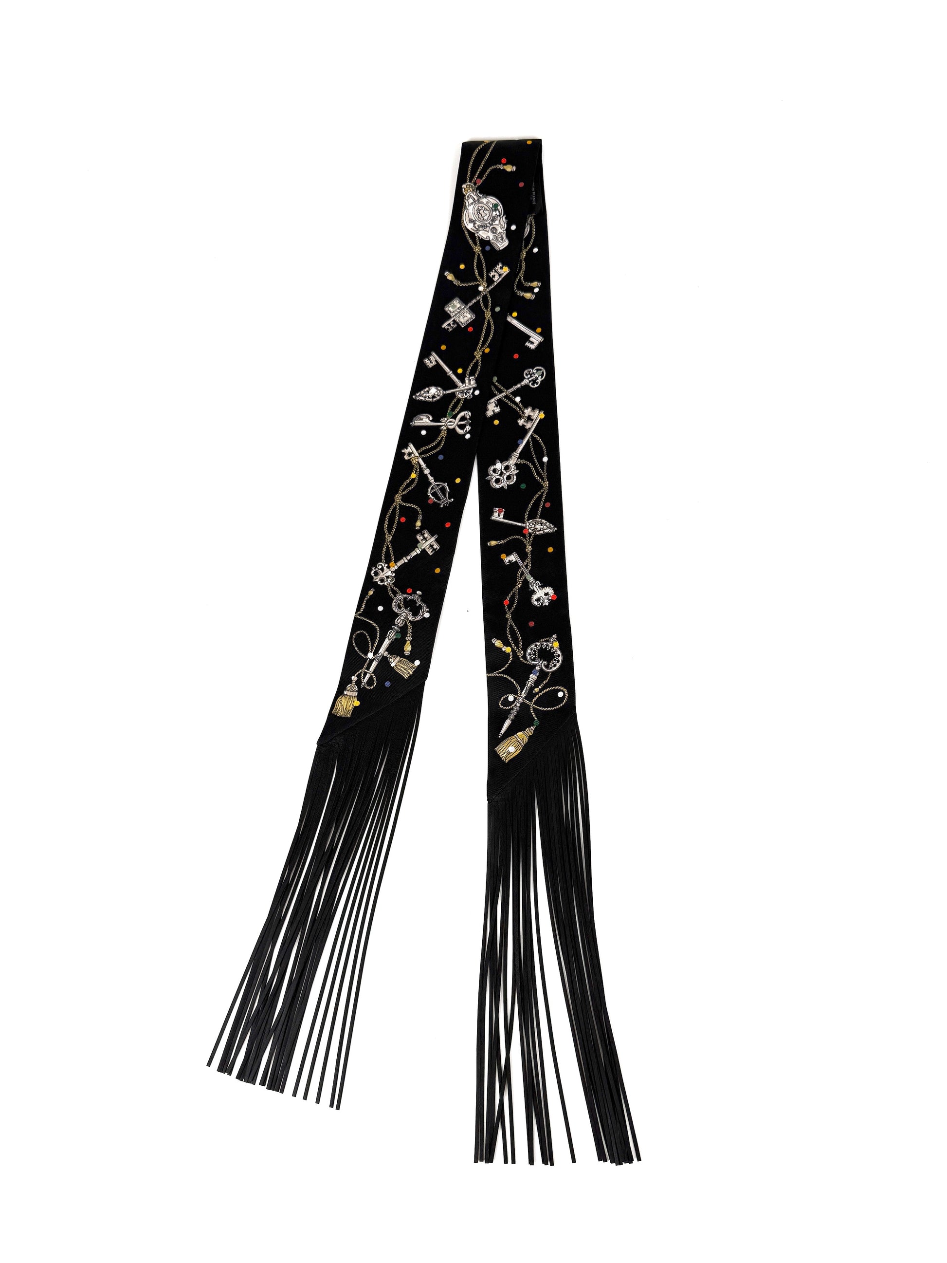 HERMES Les Cles a Pois Black Mordore White Silk Calfskin Leather Fringes Twilly Scarf New