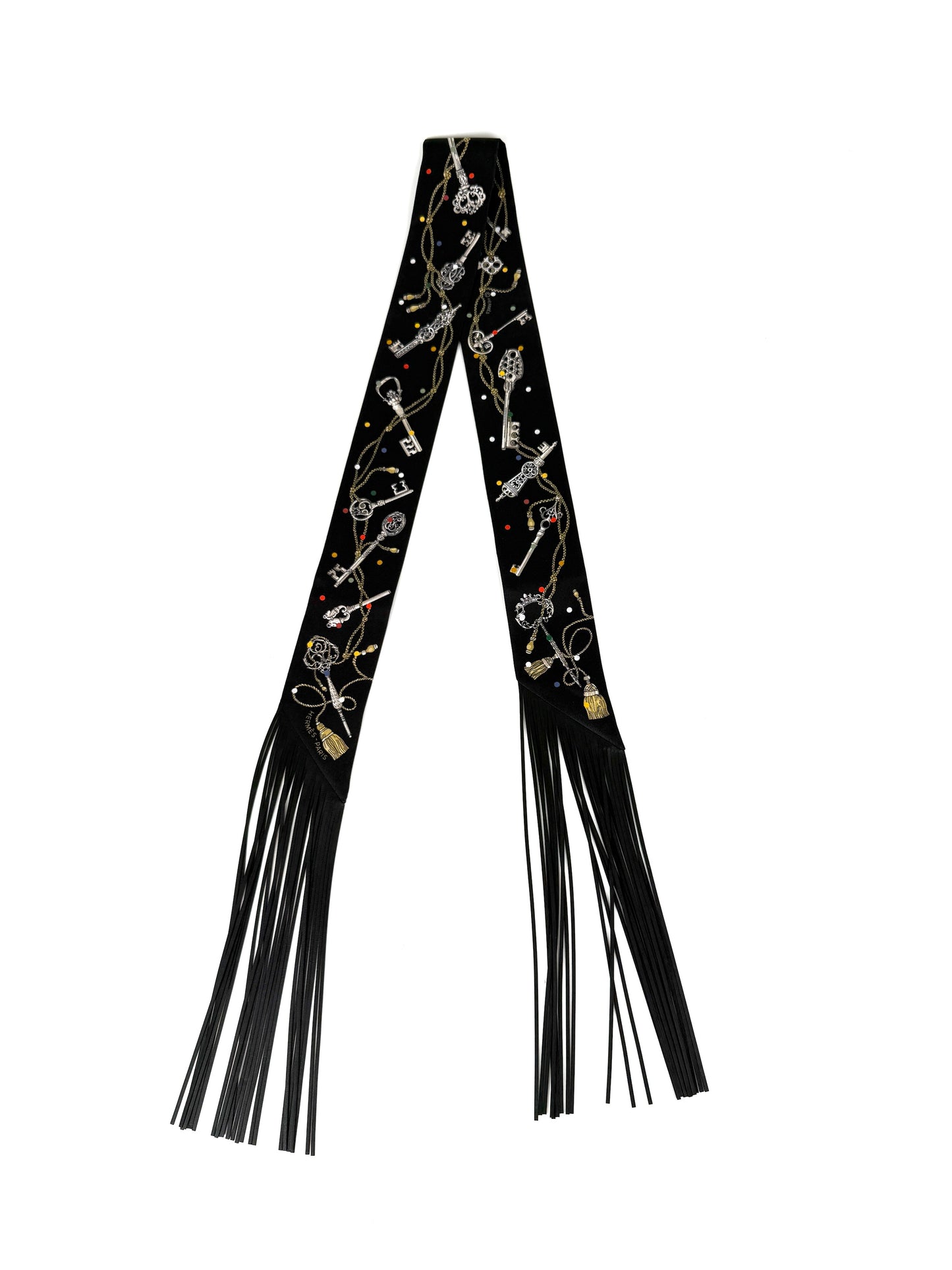 HERMES Les Cles a Pois Black Mordore White Silk Calfskin Leather Fringes Twilly Scarf New