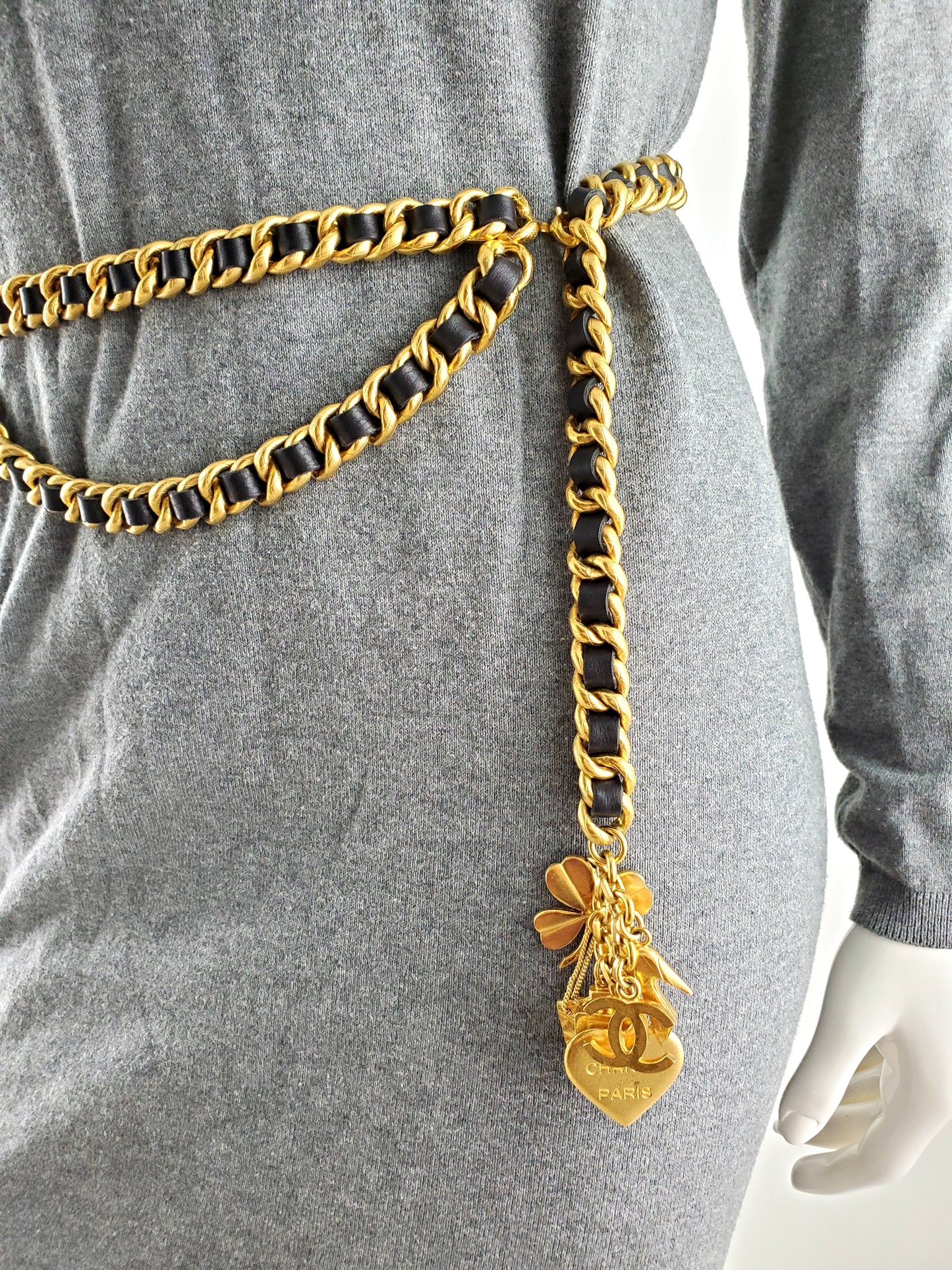 Vintage Chanel Leather Chain Link Gold Logo Charm Belt