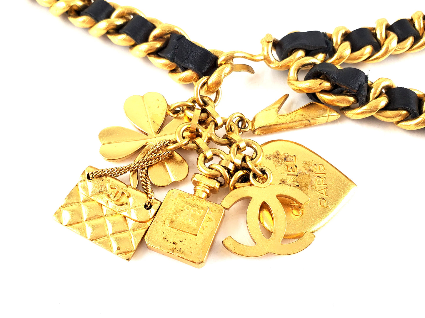 Vintage Chanel Leather Chain Link Gold Logo Charm Belt