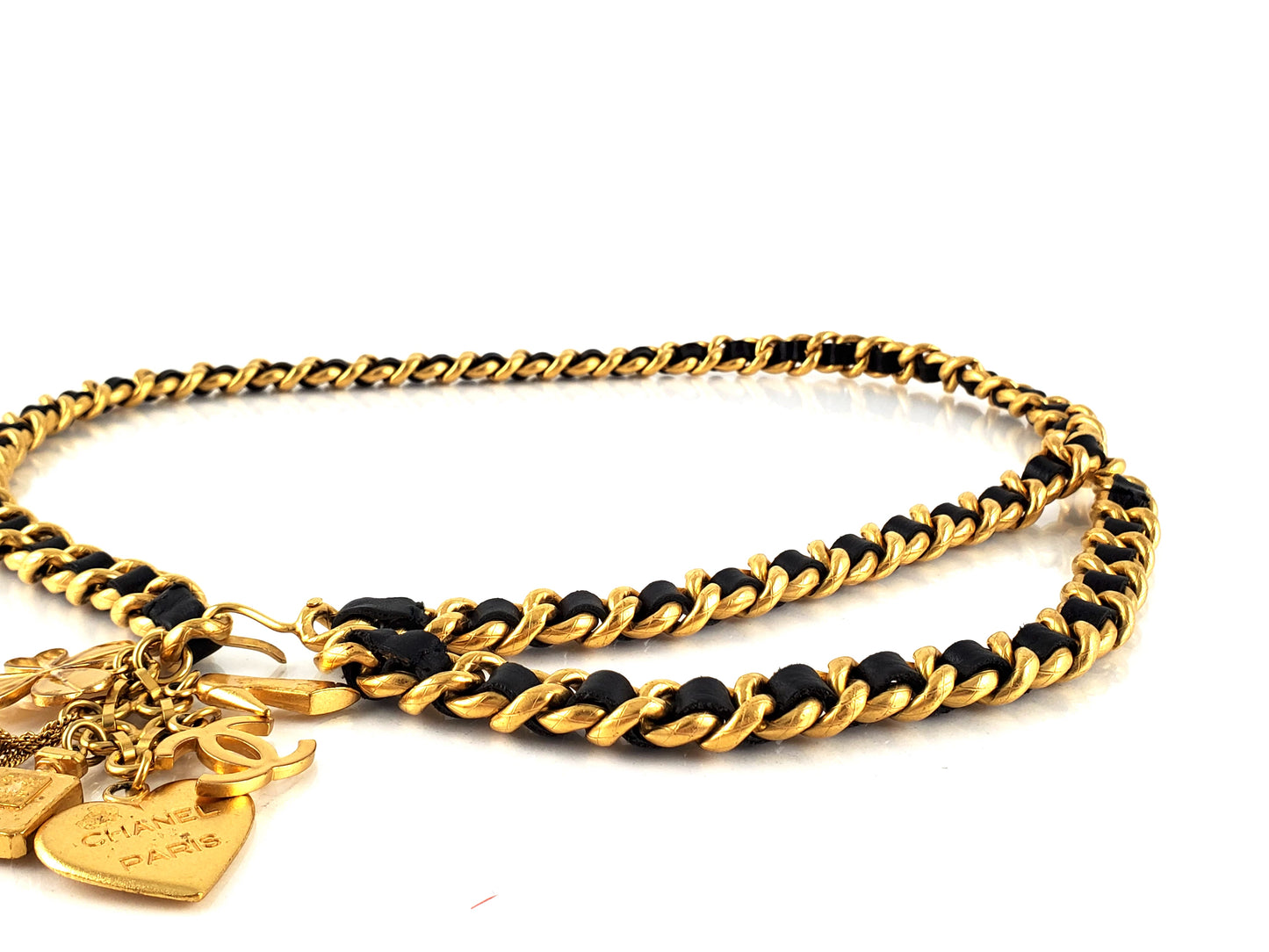 Vintage Chanel Leather Chain Link Gold Logo Charm Belt