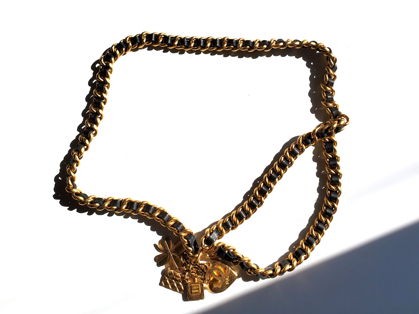 Vintage Chanel Leather Chain Link Gold Logo Charm Belt