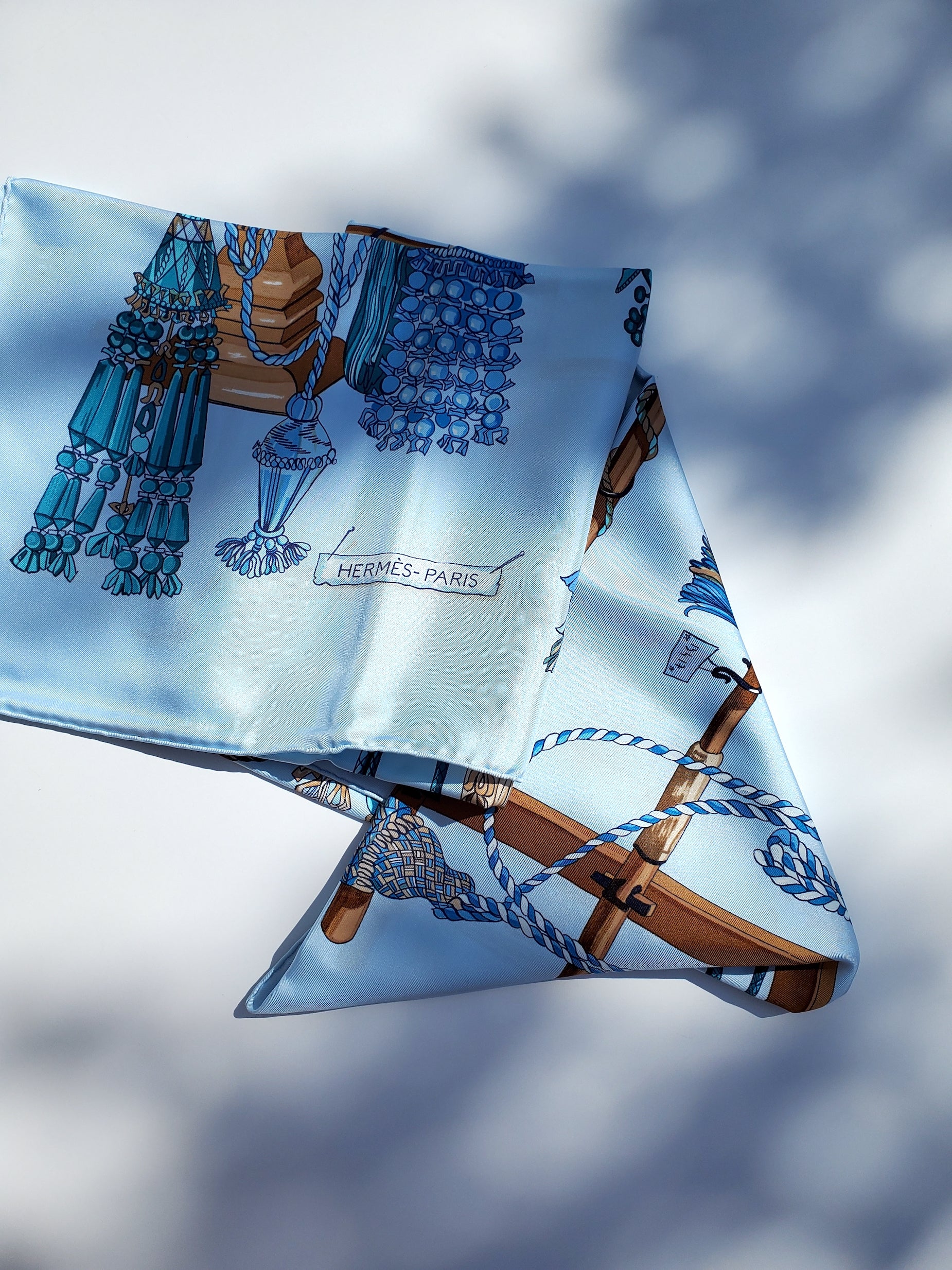 NWT HERMES Paris Bleu Ciel Passementerie Print 90cm Silk Scarf