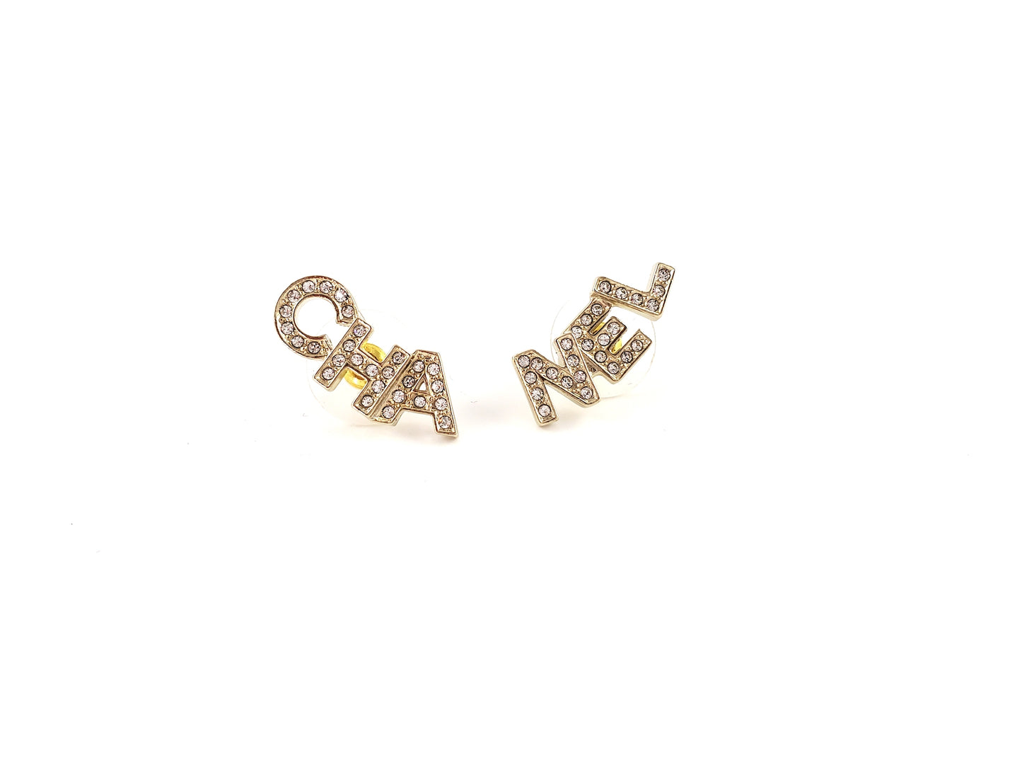 New CHANEL 2021 Gold and Crystal Logo Stud Signature Earrings