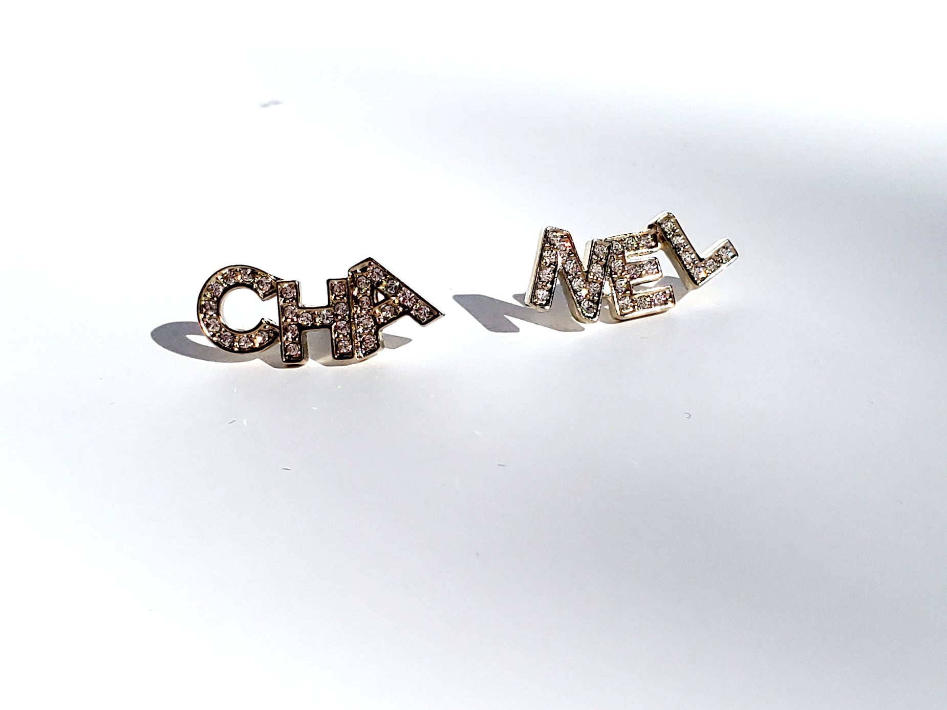 New CHANEL 2021 Gold and Crystal Logo Stud Signature Earrings