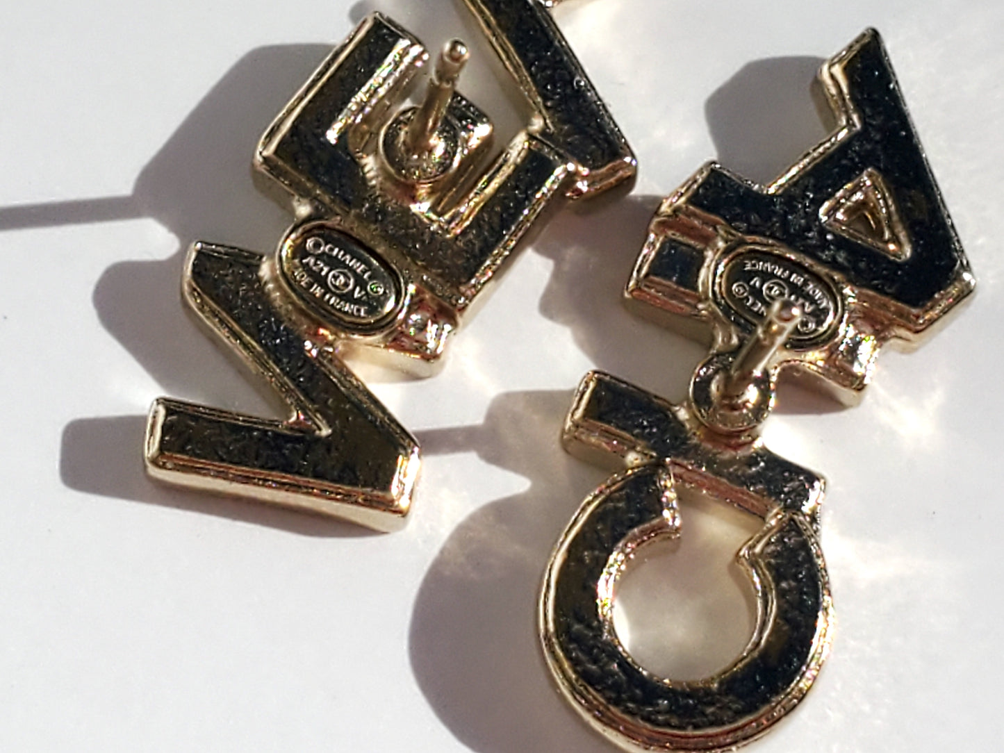 New CHANEL 2021 Gold and Crystal Logo Stud Signature Earrings