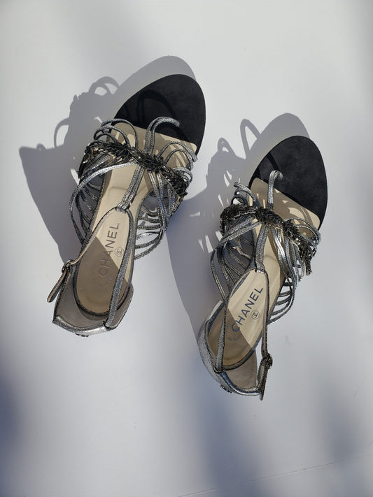 CHANEL Silver Metallic Embellished Black T Strap CC Logo Flat Sandals 41