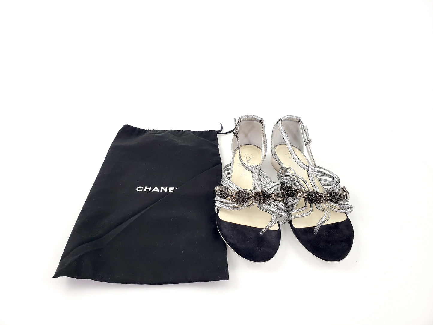 CHANEL Silver Metallic Embellished Black T Strap CC Logo Flat Sandals 41