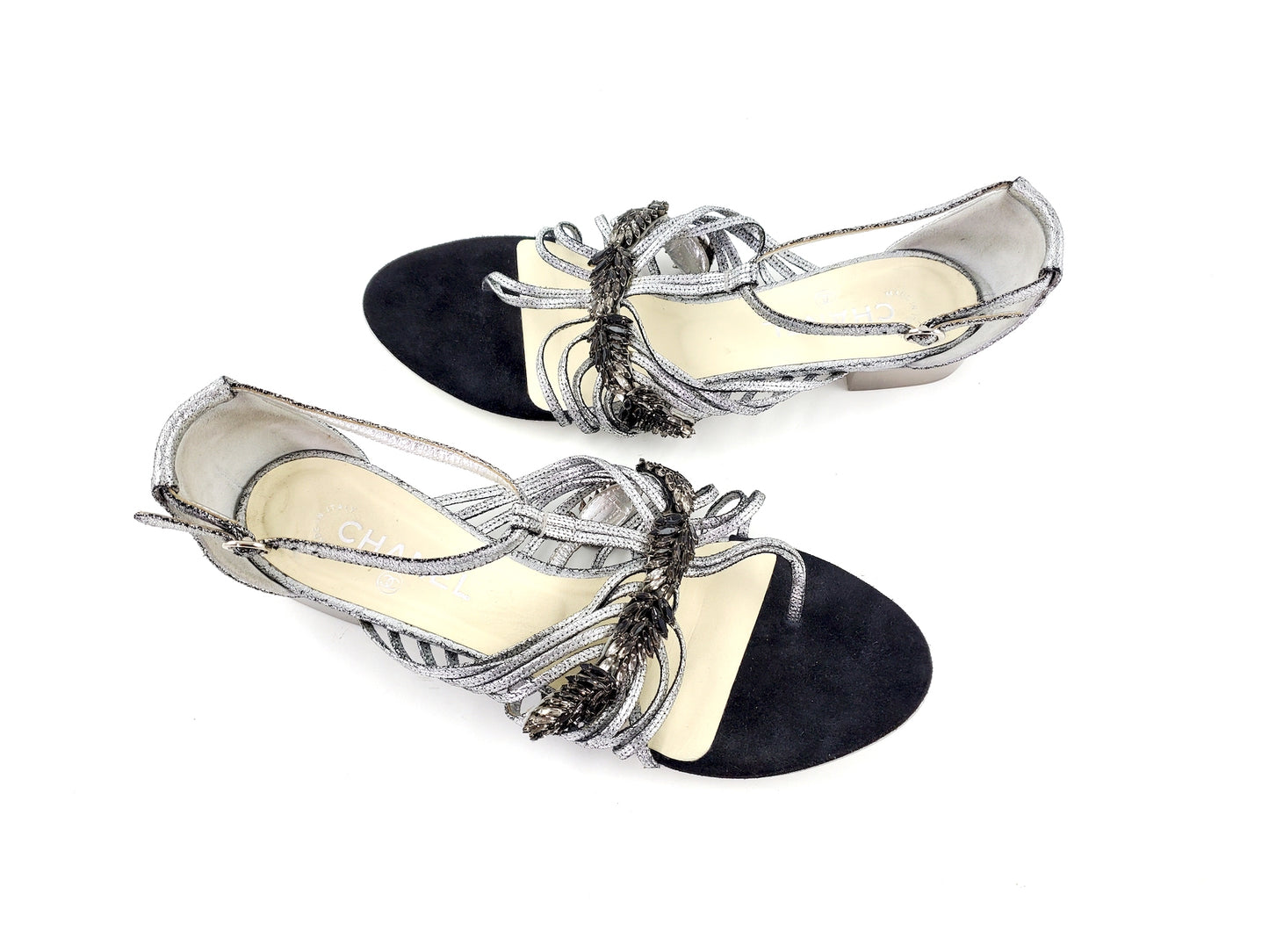 CHANEL Silver Metallic Embellished Black T Strap CC Logo Flat Sandals 41