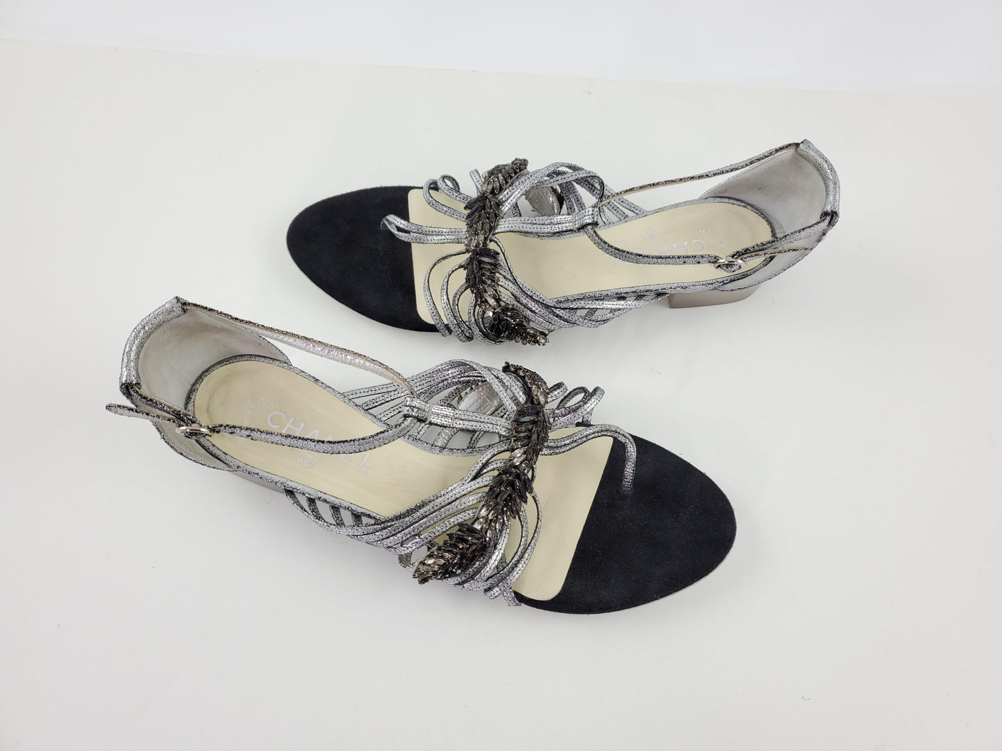 CHANEL Silver Metallic Embellished Black T Strap CC Logo Flat Sandals 41