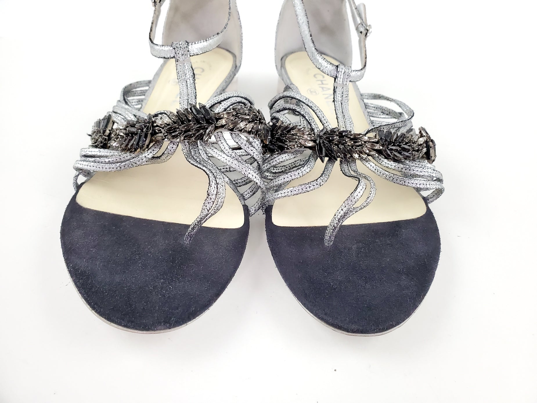 CHANEL Silver Metallic Embellished Black T Strap CC Logo Flat Sandals 41