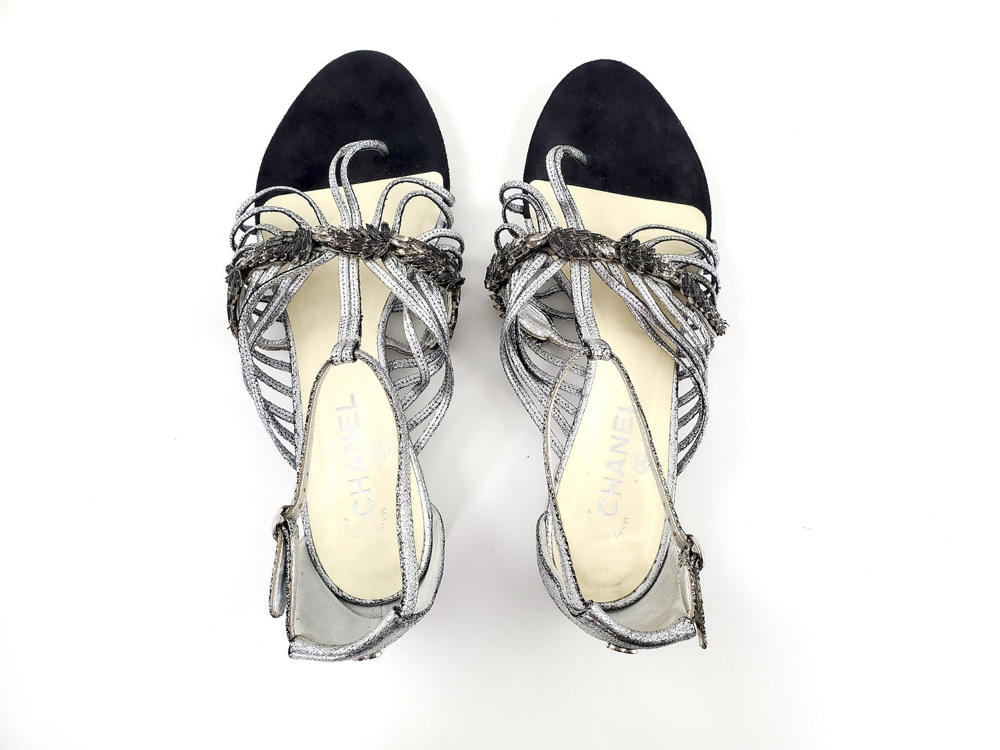 CHANEL Silver Metallic Embellished Black T Strap CC Logo Flat Sandals 41