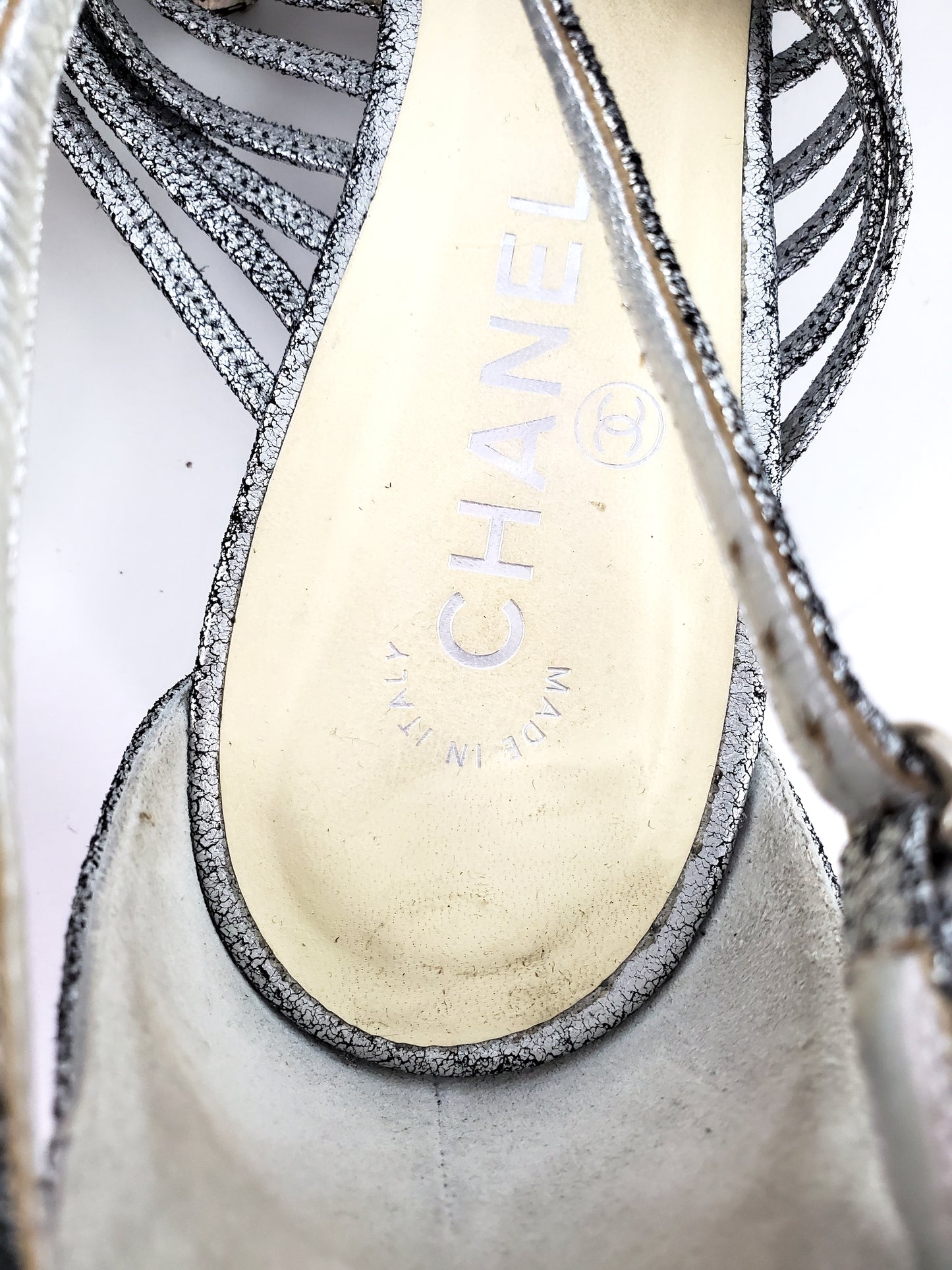 CHANEL Silver Metallic Embellished Black T Strap CC Logo Flat Sandals 41