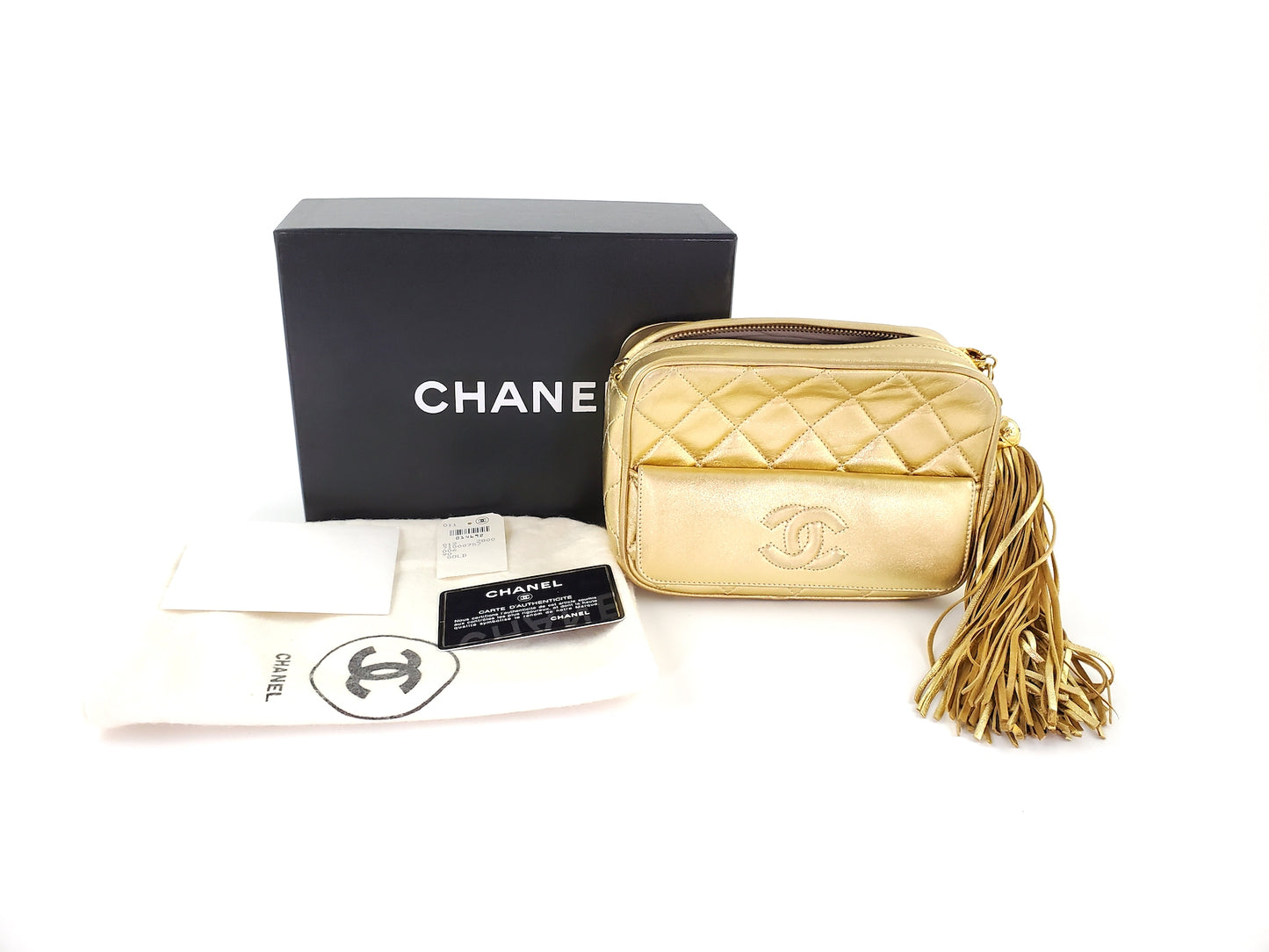 Vintage Chanel Quilted Gold CC Camera Tassel Shoulder Bag