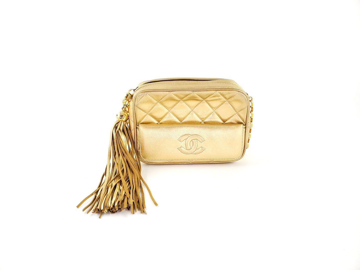 Vintage Chanel Quilted Gold CC Camera Tassel Shoulder Bag