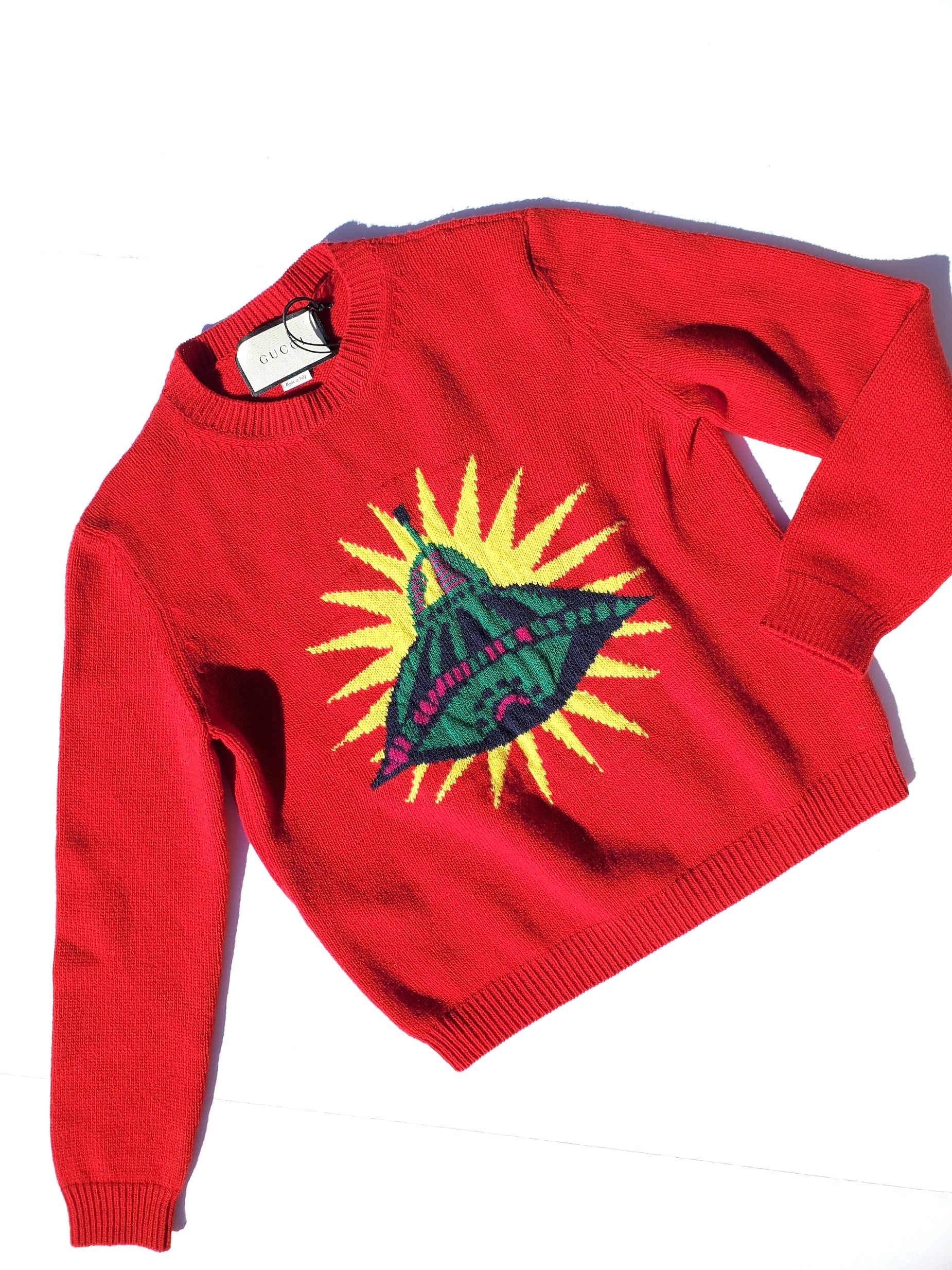 New Gucci 2017 Red UFO Intarsia Printed Wool Sweater S