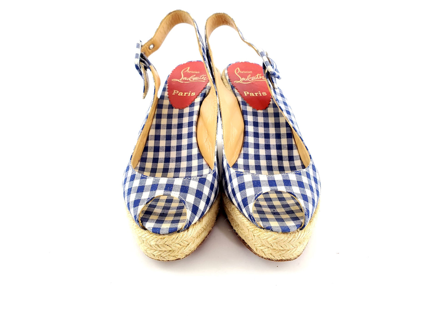 Christian Louboutin Navy Jute Plaid Print Espadrille Wedges 35