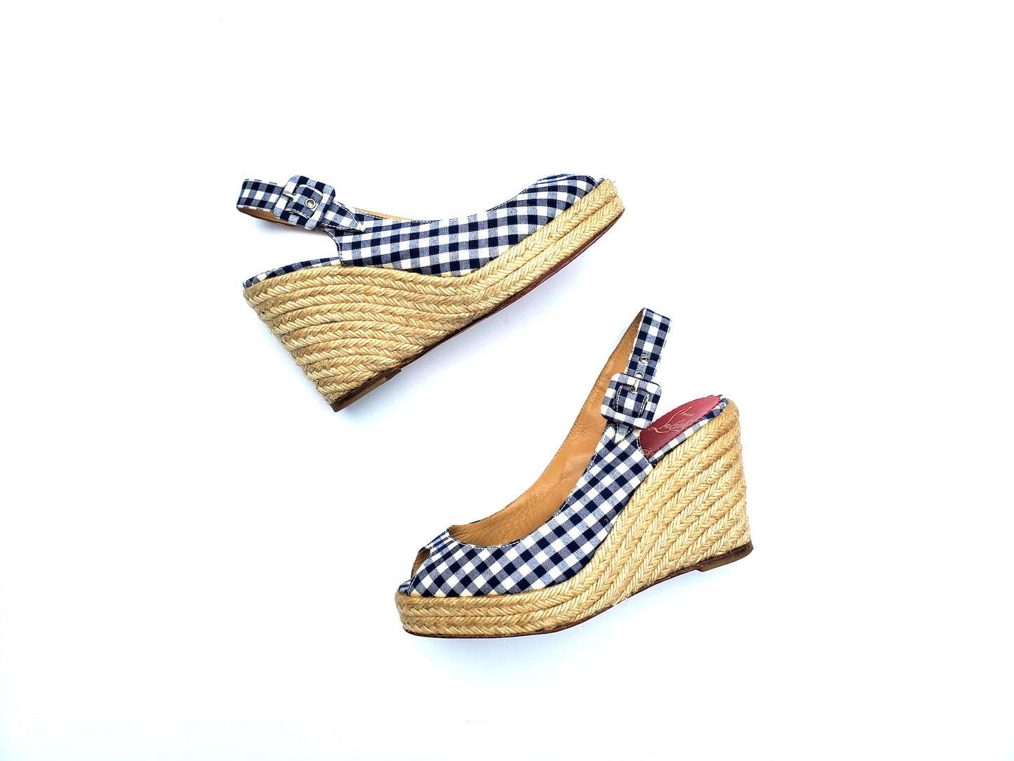 Christian Louboutin Navy Jute Plaid Print Espadrille Wedges 35