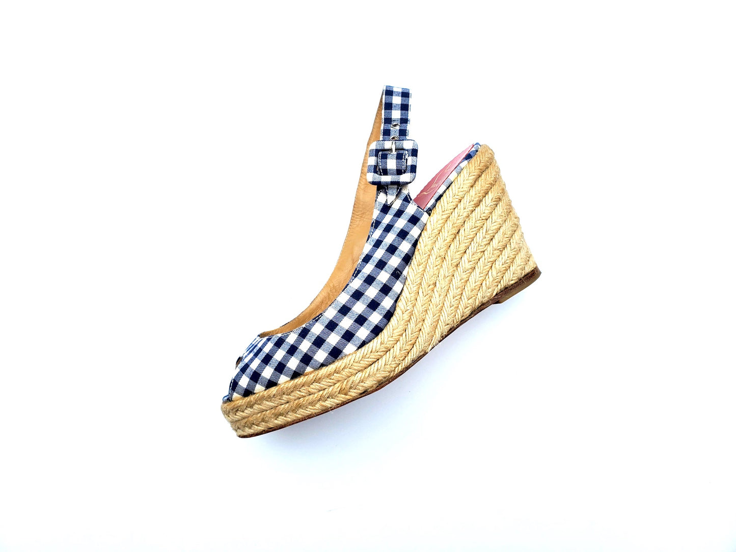 Christian Louboutin Navy Jute Plaid Print Espadrille Wedges 35