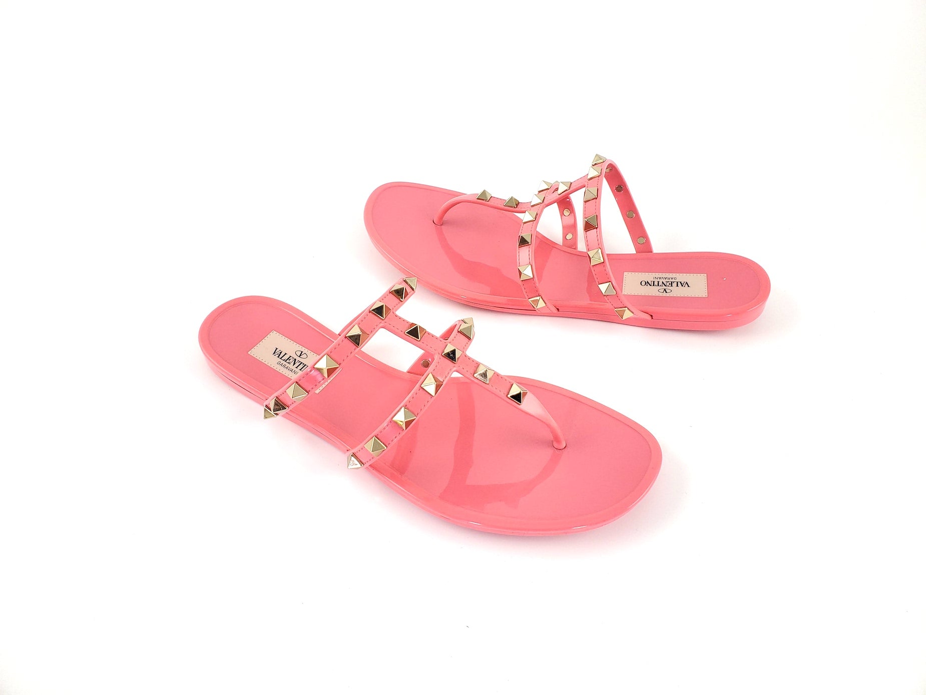 Valentino Pink Rockstud T-Strap Slide PVC Thong Sandals 38