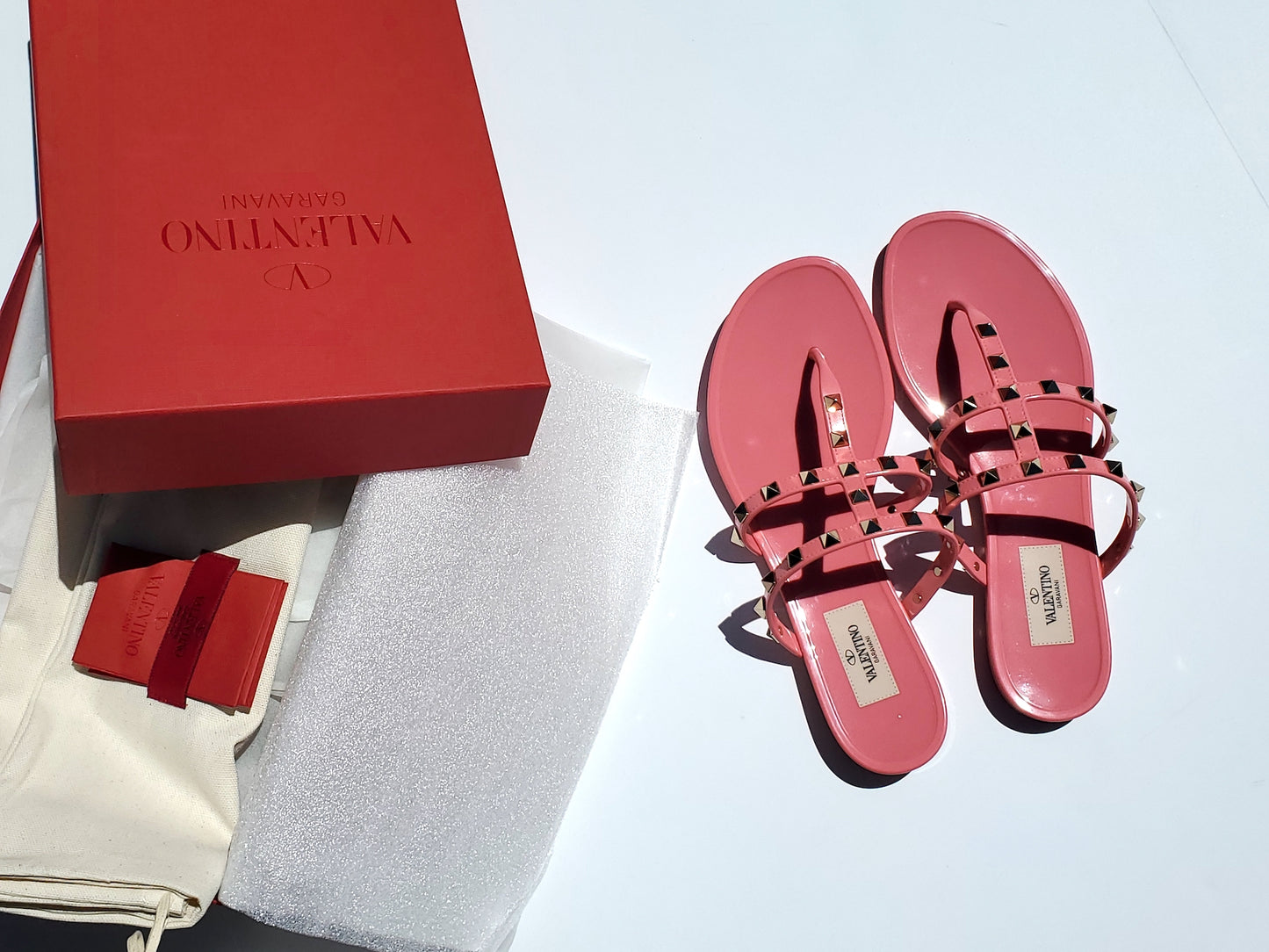 Valentino Pink Rockstud T-Strap Slide PVC Thong Sandals 38