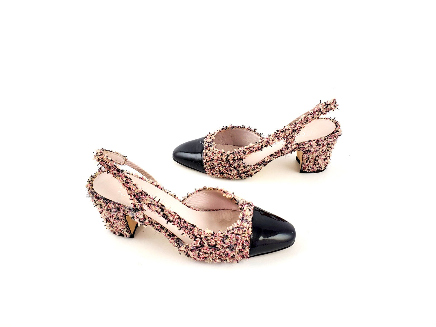 CHANEL 18K Tweed Pink Black  Slingback Pumps 36